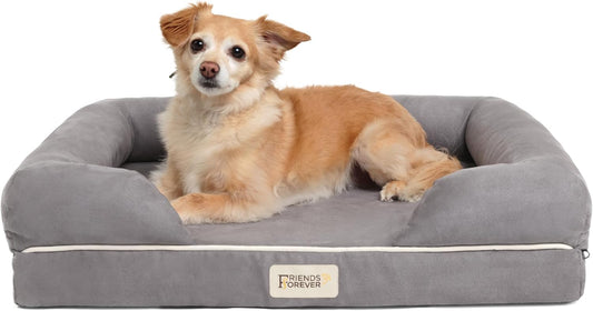 Friends Forever Orthopedic Dog Bed, Memory Foam Pet Sofa, Calming Dog Couch, Water Resistant Pet Bed, Washable Cover, Non-Slip Bottom, Chester, Grey, 25" x 20" x 5.5"