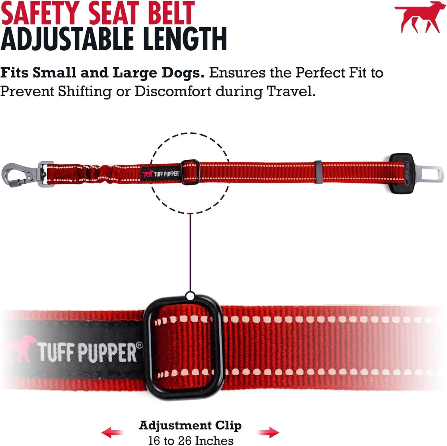 Tuff Pupper Dog Seat Belt | Adjustable Length Dog Seatbelt Restraint | Tangle-Free Locking Carabiner | Shock-Absorbing Bungee | Reflective Stitching for Visibility | Universal Fit for Cars & Trucks