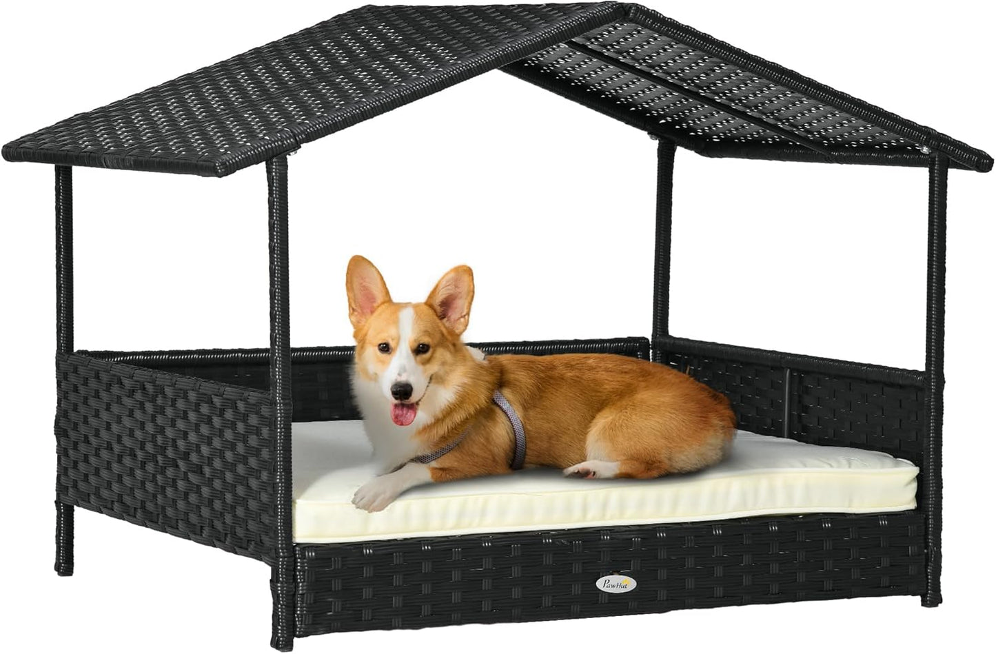 PawHut Wicker Dog House Outdoor with Canopy, Rattan Dog Bed with Water-Resistant Cushion, Raised Dog Bed for Small, Medium Dogs up to 66 lbs, 19.75" in Length, Black Wicker, White Cushion