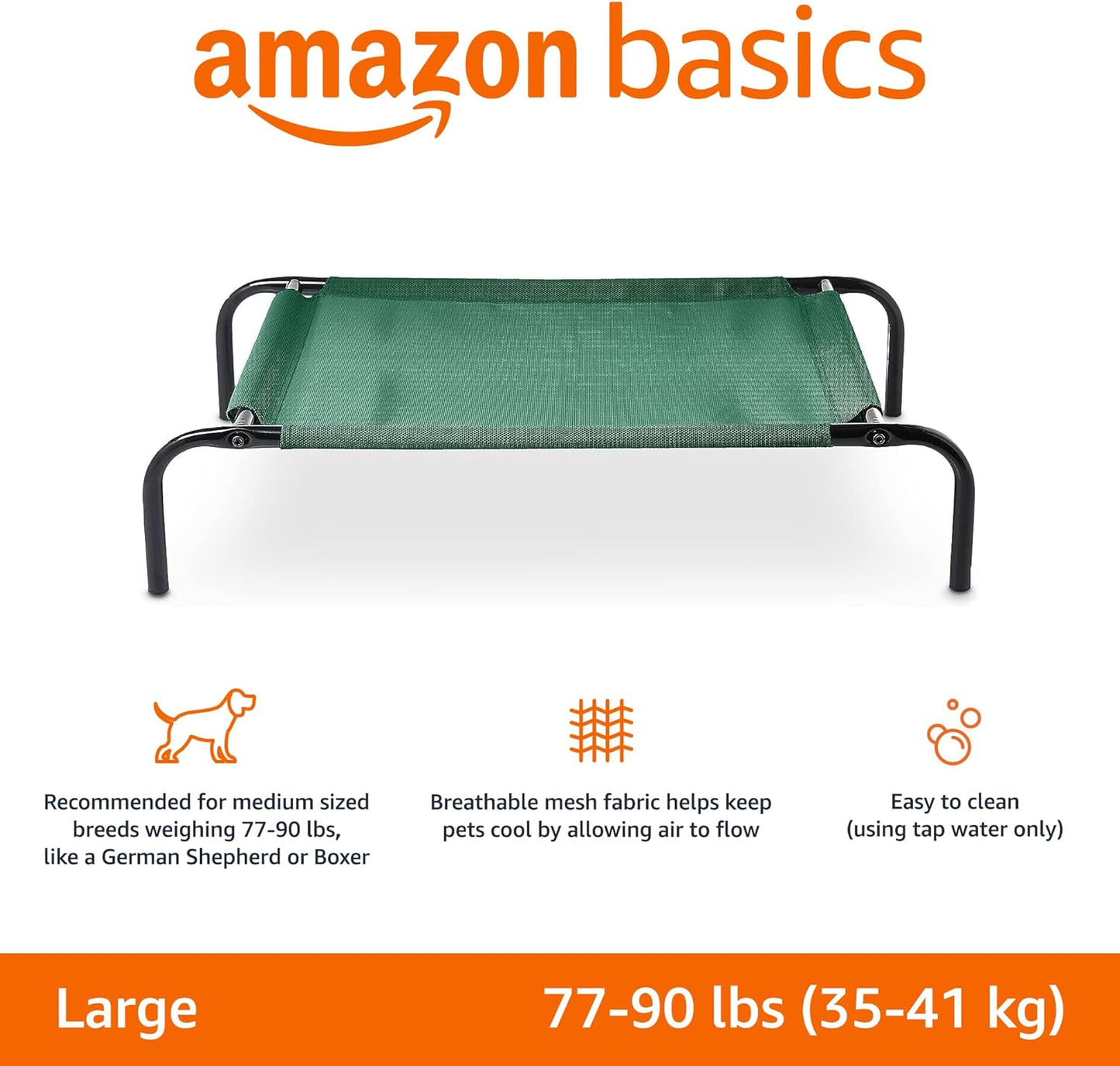 Amazon Basics Cooling Breathable Elevated Dog Bed with Metal Frame for Large Dogs, 51 x 31 x 8 Inch, Green