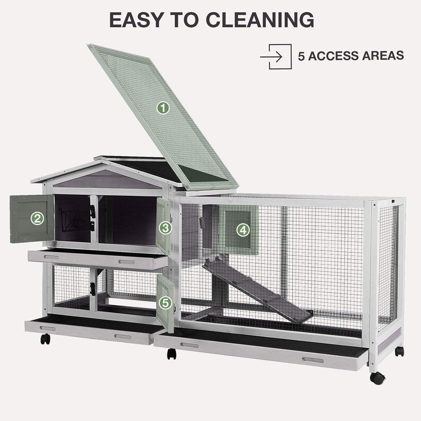 2-Story Indoor Rabbit Hutch with Chew-Proof Outdoor Rabbit Cage with 6 Locking Casters Bunny Cage 2 Pull-Out Trays Guinea Pigs Cage 62"