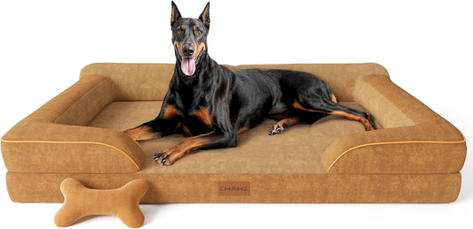 XXL Dog Bed for Extra Large Dogs, Giant Orthopedic Dog Bed with Cooling Gel Memory Foam, Waterproof Pet Bed with Removable Washable Cover, 53" Pet Sofa Bed Dutch Velvet with Bone Toy, Brown