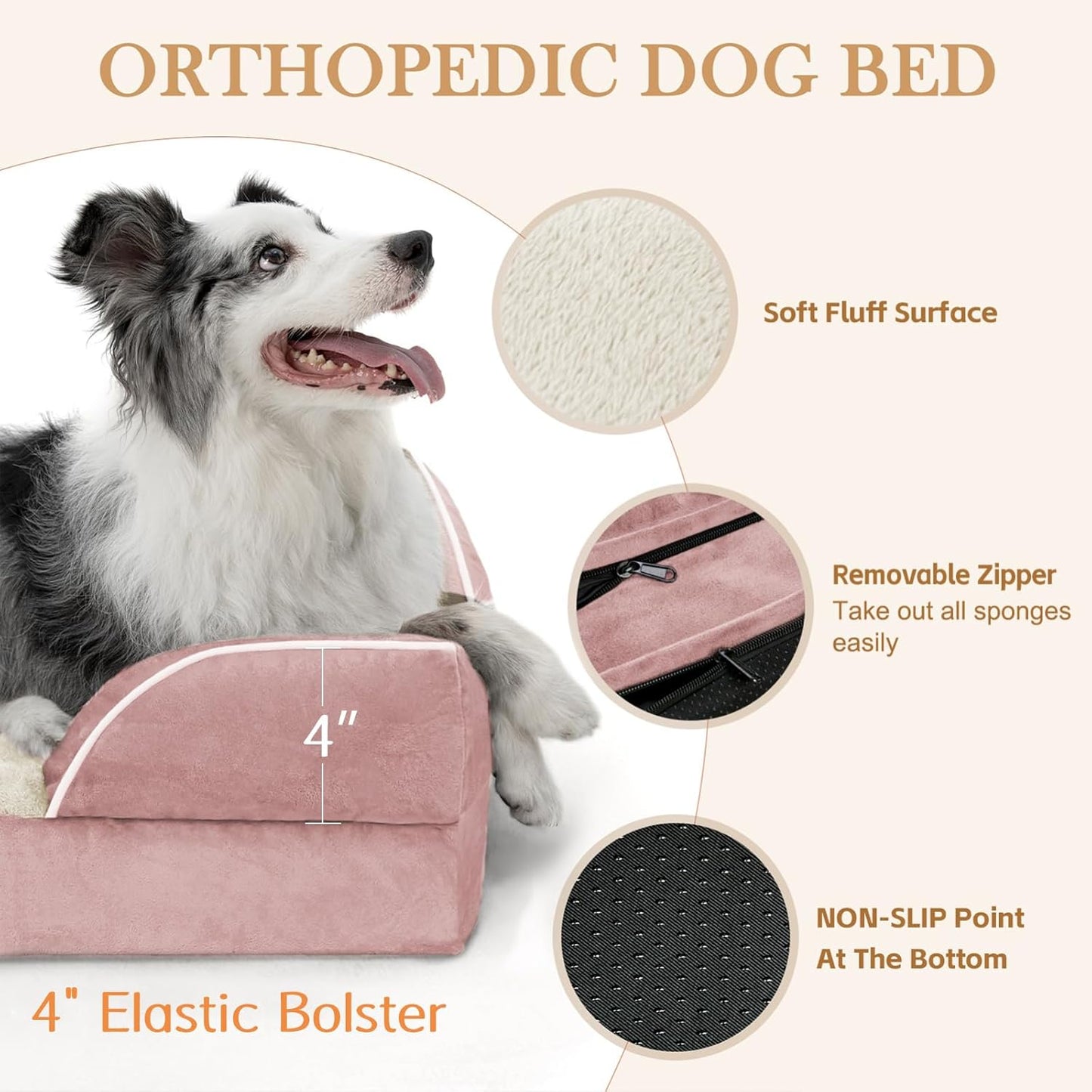 Comfort Expression Medium Dog Beds Waterproof Orthopedic Foam Dog Sofa Beds for Medium Large Dogs Comfy Pet Bed with Washable Removable Cover & Non-Slip Bottom(Medium,Pink)