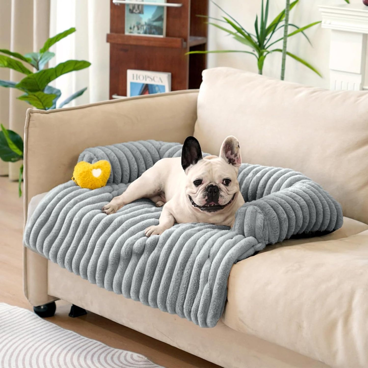 FUNNY FUZZY Pet Couch Cover for Sofa, Calming Dog Bed for Couch, Fluffy Plush Dog Couch Mat for Furniture Protector for Medium Dogs and Cats, 33×28 in, Mist Grey