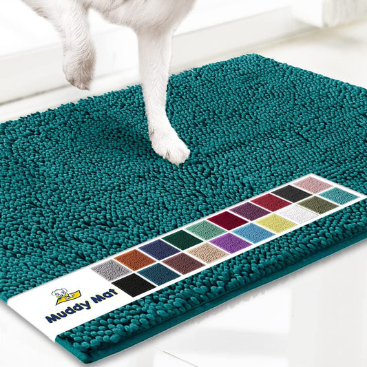 Muddy Mat® AS-SEEN-ON-TV Highly Absorbent Microfiber Door Mat and Pet Rug, Non Slip Thick Washable Area and Bath Mat Soft Chenille for Kitchen Bathroom Bedroom Indoor and Outdoor - Teal 24" x 96"