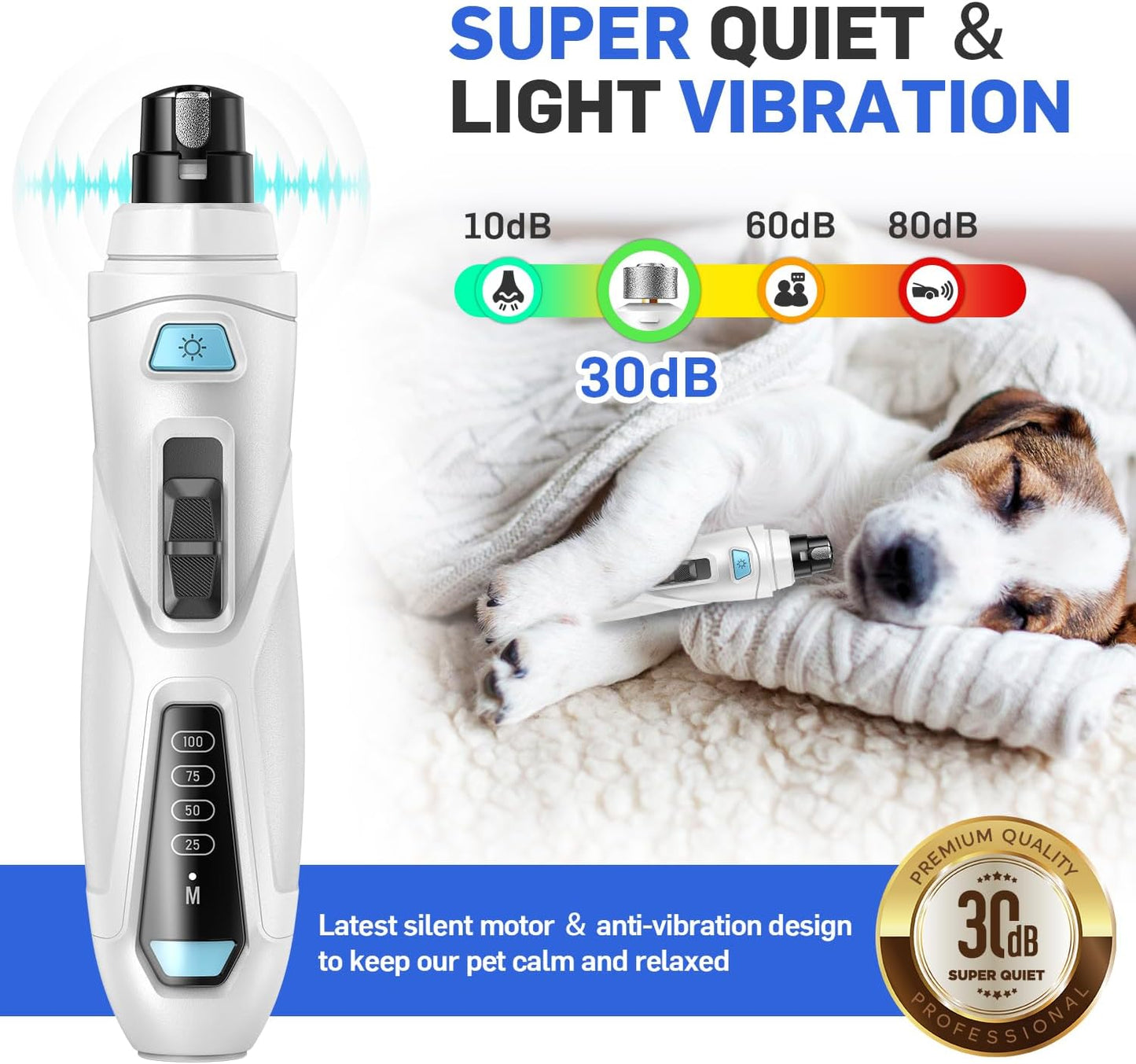 Dog Nail Grinder & Clipper 2-in-1 Set - 25dB Ultra Quiet with 3 Grinding Wheels & 2 LED Lights, Rechargeable for Large/Puppy Dogs & Cats, 3-Speed Adjustable for Anxious Pets