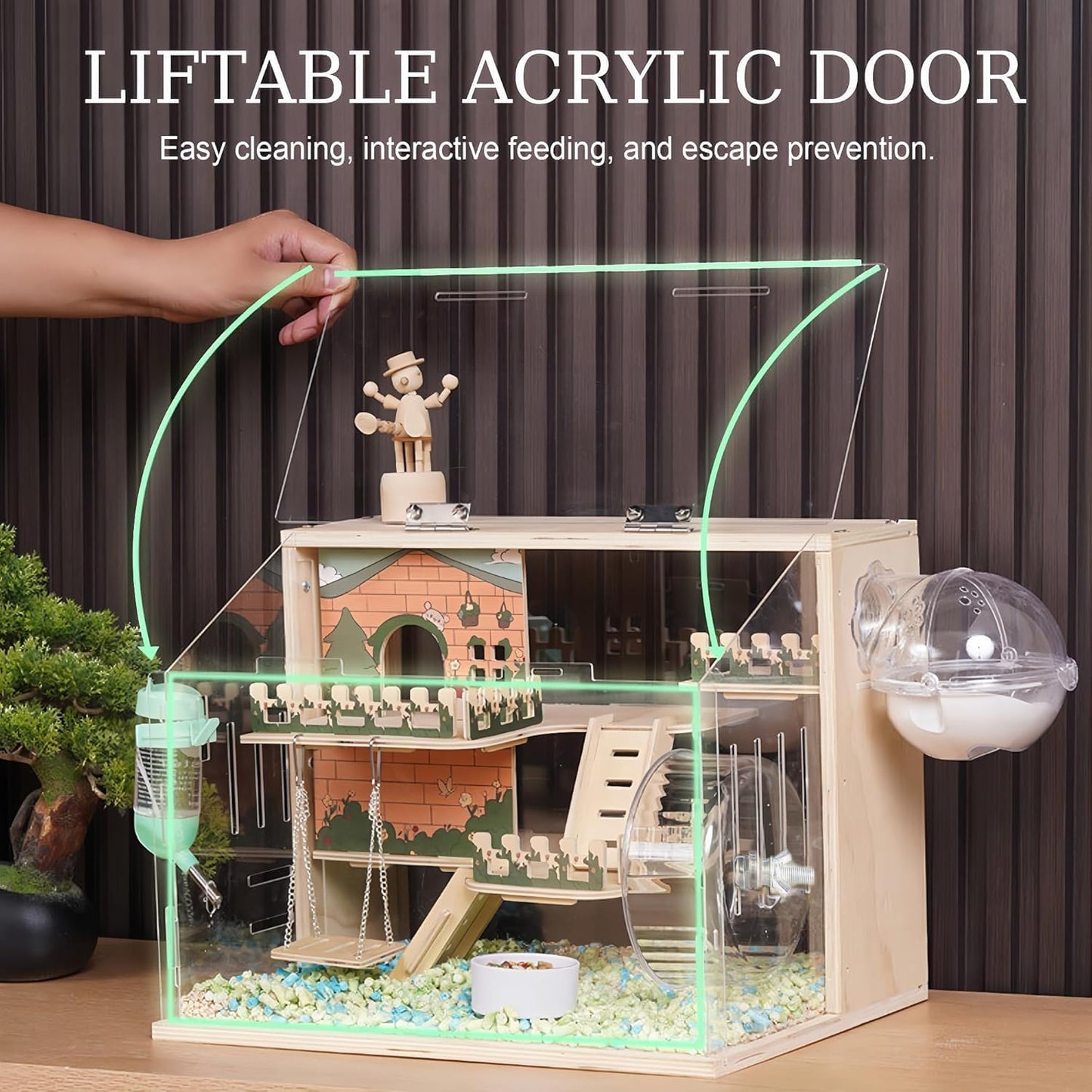 11 in 1 Wooden Hamster Cage with All Accessories, 15.8 Inch 3-Layer Dwarf Hamster Cage Acrylic,Small Animal Cages, Pastoral Style Mouse Cage for Pet Mice, Hedgehog, with Stairs, Fences and Swing