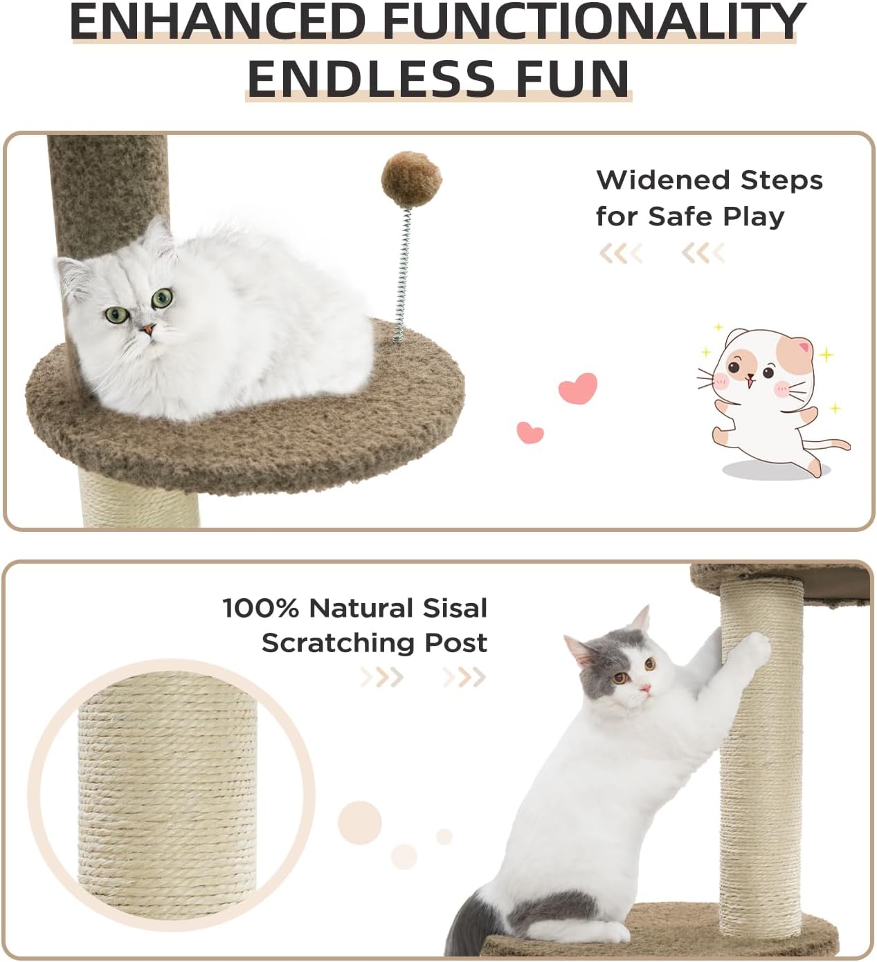 Made4Pets Floor to Ceiling Cat Tree 93-106'',Tall Cat Tower 5 Tiers, Adjustable Height, Stable Cat Tree Tower with Scratching Posts, Fluffy Condo, Hammock and Ball Toy for Indoor Cats/Kitten, Brown