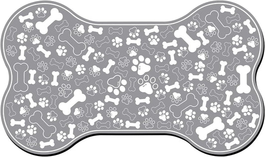 Dog & Cat Food Mat Bone Shaped Pet Feeding Mat Quick Absorb Water Bowl Placemat with Rubber Backing Indoor Floor Stain Resistant Pet Accessory Supplies (Grey, 17x29 Inches)