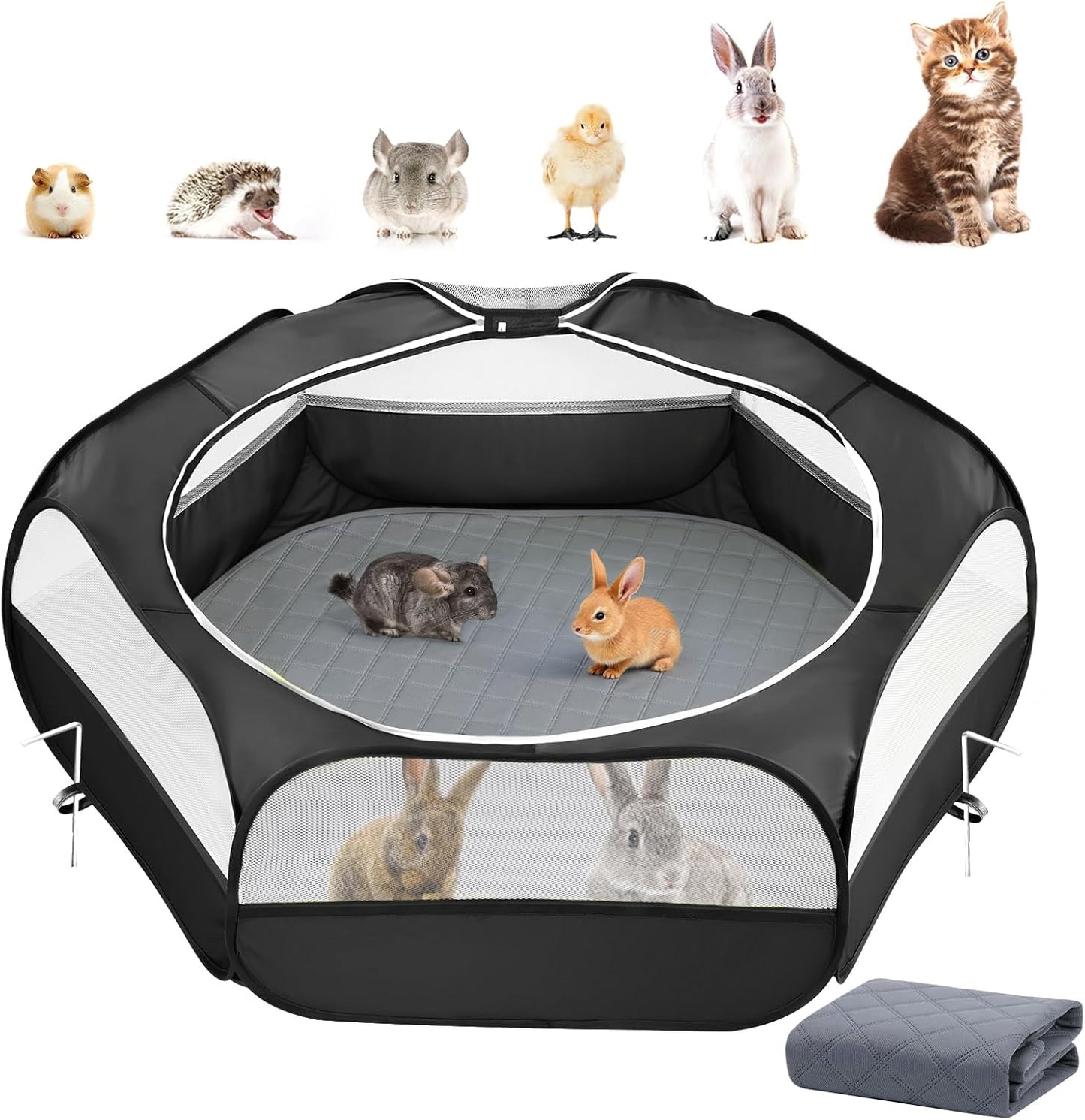 2-in-1 Small Animals Playpen with Pad, Waterproof Small Pet Cage Tent with Reusable Pad, Portable Outdoor Yard Fence with 3 Metal Rod for Chick/Kitten/Puppy/Guinea Pig/Rabbits/Chinchillas, Black