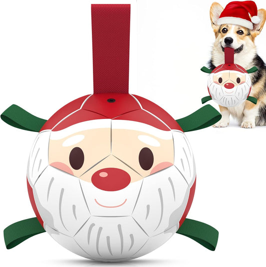 QDAN Christmas Dog Balls with Straps, Soccer Ball for Dogs for Small Medium Breed, Tug Toys for Dog Birthday, 6" Outdoor Dog Toys for Fun