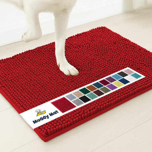 Muddy Mat® AS-SEEN-ON-TV Highly Absorbent Microfiber Door Mat and Pet Rug, Non Slip Thick Washable Area and Bath Mat Soft Chenille for Kitchen Bathroom Bedroom Indoor and Outdoor - Red 6ft x 9ft