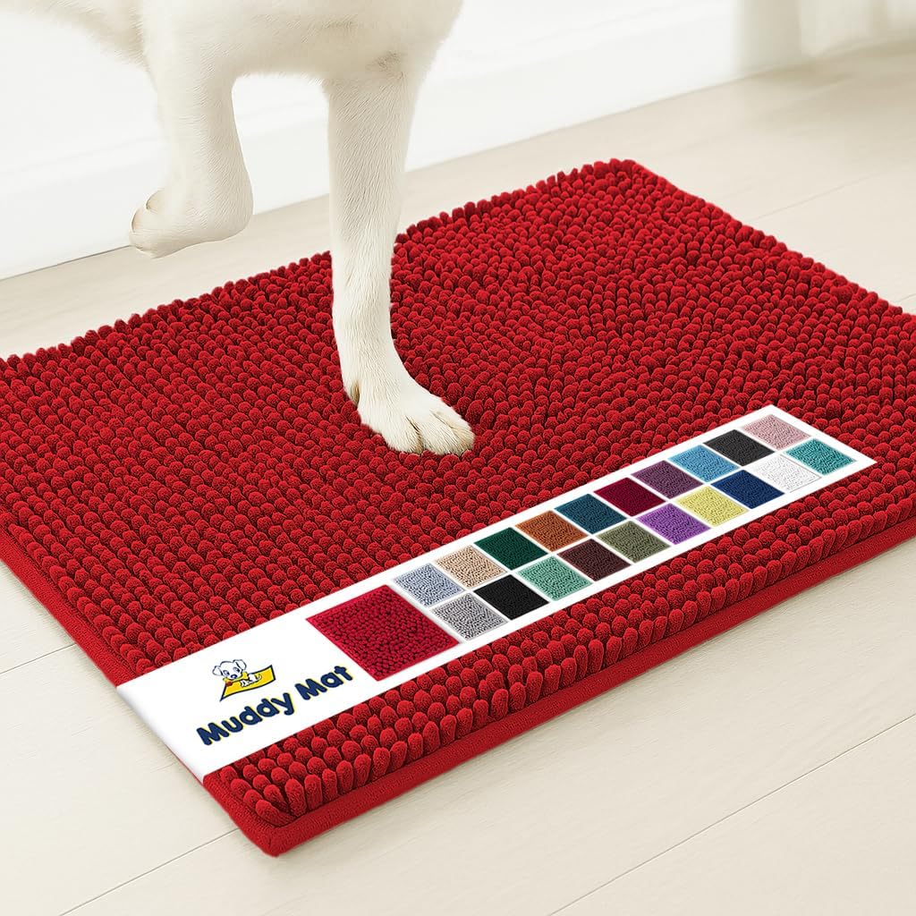 Muddy Mat® Shown on TV – Super Absorbent Microfiber Dog Door Mat for Muddy Paws, Non-Slip Washable Pet Rug, Quick Dry Chenille Entryway Carpet, Machine Washable Indoor Outdoor mat, Red 35"x24"