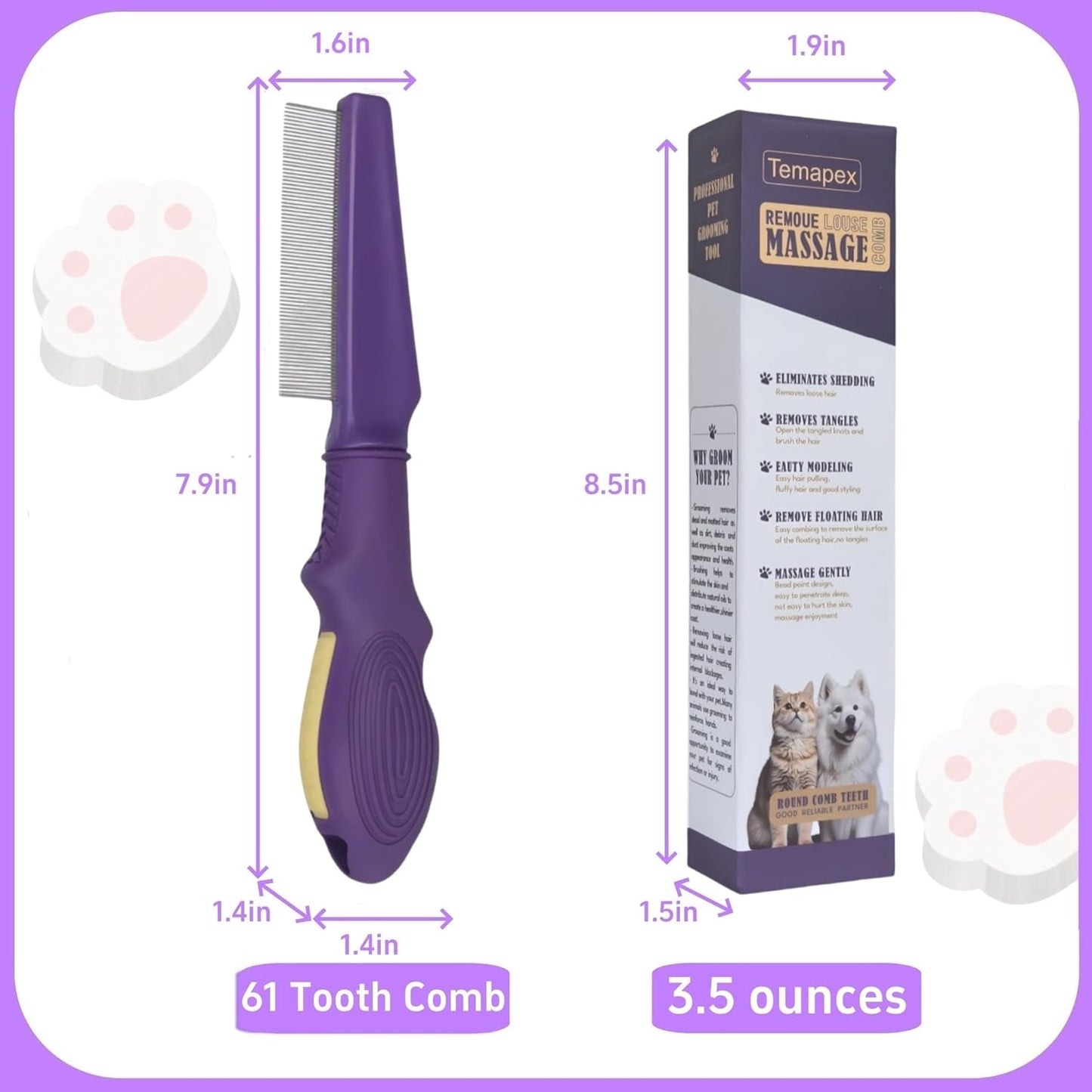 Pet Flea Comb for Dogs & Cats,Removes Tangles & Flea, Tear Stain Removal, Stainless Steel Metal Teeth, Non-slip & Anti-static Rubber Handle, Safe & Gentle Pet Grooming Comb