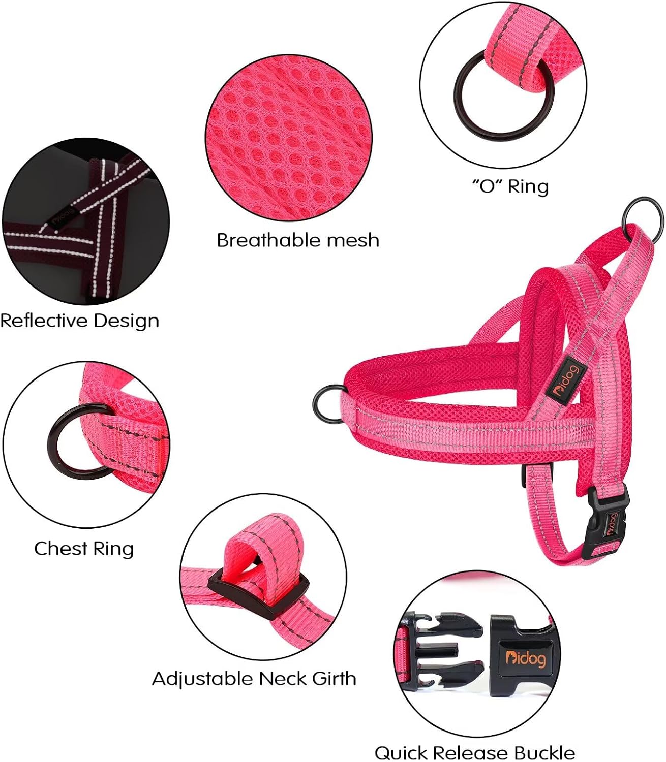 Didog No Pull Dog Harness with Soft Mesh Padded,Reflective & Quick Fit Light Weight Dog Strap Vest Harness,Easy for Walking Training (XS:Chest 15-18", Pink)