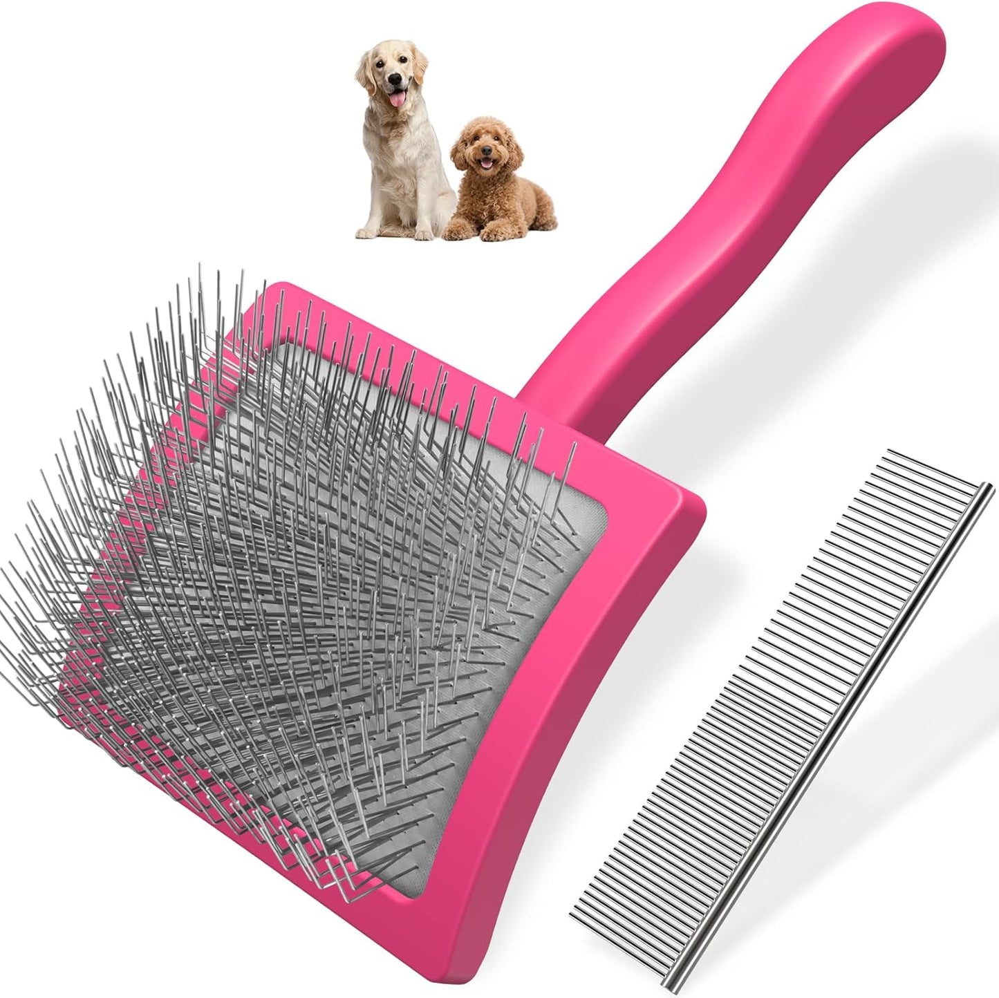 2PCS Slicker Brush for Dogs & Pet Comb,Professional Dog Grooming Brush (Goldendoodles,Poodles,Labradoodles) with Extra Long Pins to Effectively Remove Tangles, Knots and Mats (Pink)