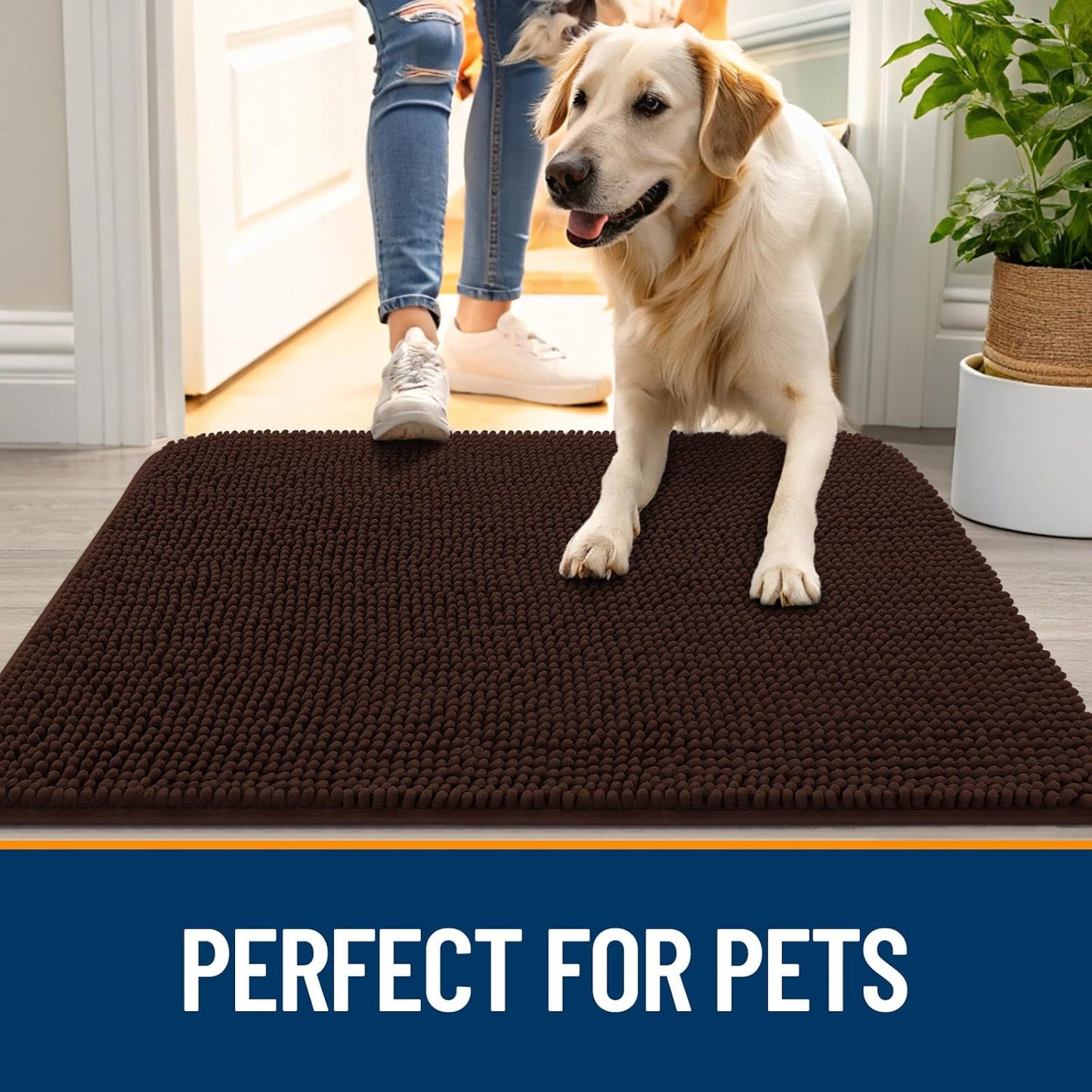 OLANLY Dog Door Mat for Muddy Paws 34x21, Absorbs Moisture and Dirt, Absorbent Non-Slip Washable Doormat, Quick Dry Chenille Mud Mat for Dogs, Entry Indoor Entryway Carpet for Inside Floor, Brown