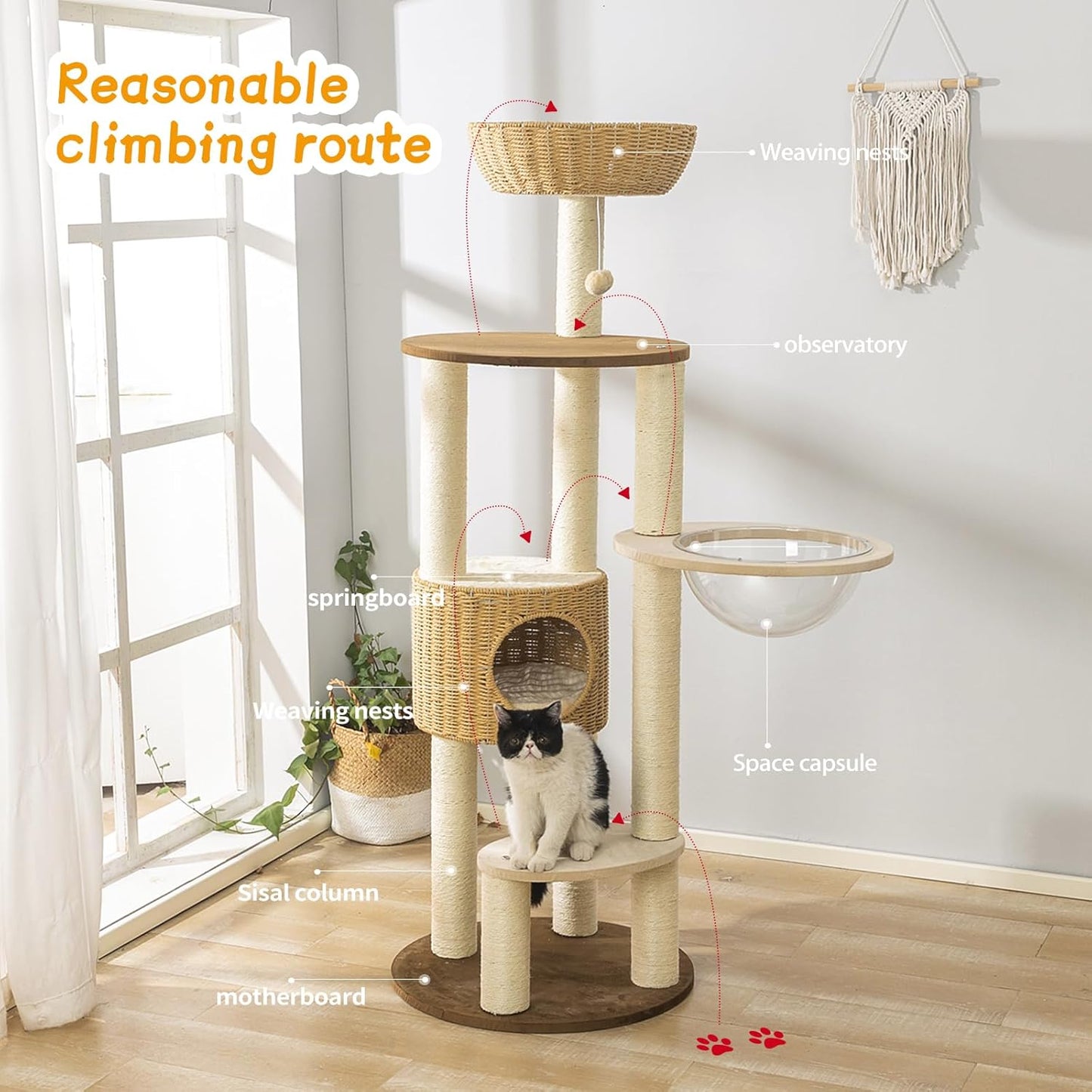 2025 Modern Cat Tree Tower for Large Cats, Advanced Space Module Cat's Nest, Hand Woven Multilevel Huge Paws Pals Tree, 7cm Natural Sisal Prop Wood, Scratching Cat Lover Gifts