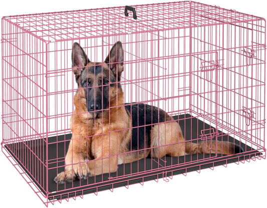 FDW Dog Crate for Large Dogs 48 Inch Folding Metal WirePet Cage Double Door W/Divider Panel Indoor Outdoor Kennel Leak-Proof Plastic Tray,Pink