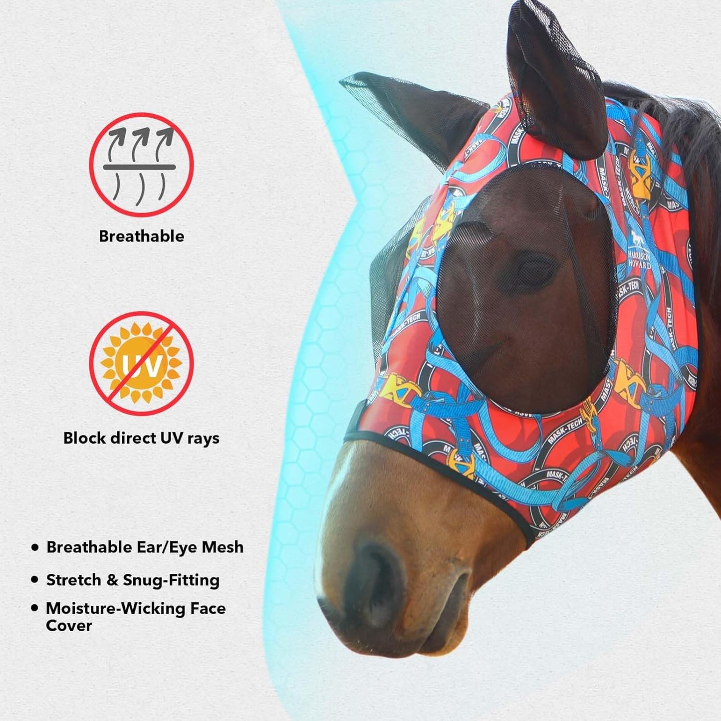 Harrison Howard Super Comfort Stretchy Fitting Horse Fly Mask with UV Protection Soft on Skin with Breathability Knitted Printing Large