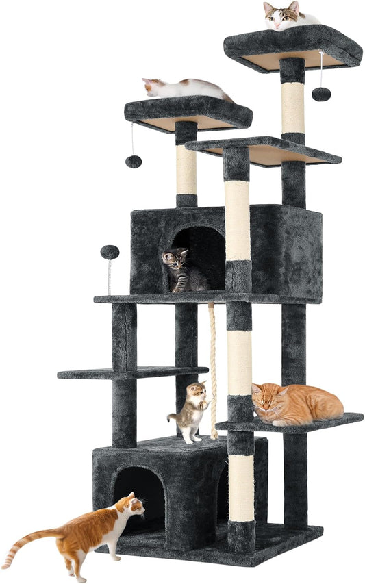 69in Large Cat Tree Tower for Indoor Cats with Soft Plush Hang Ball, Two Condos, Sisal Scratch Posts & Rope Play for Kittens/Adult Cats, Deep Grey