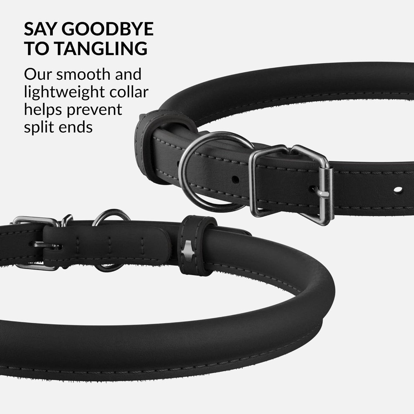 CollarDirect Rolled Leather Dog Collar, Soft Padded Round Puppy Collar, Handmade Genuine Leather Collar Dog Small Large Cat Collars 13 Colors (11-14 Inch, Black Smooth)