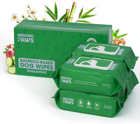 Pet Grooming Wipes - Unscented - Natural & Organic Bamboo Base - Freshening Wipes for Dog & Cat - Skin-Friendly & Gentle - Thick & Durable for Paws, Coat & Bum Cleansing - 400 Count