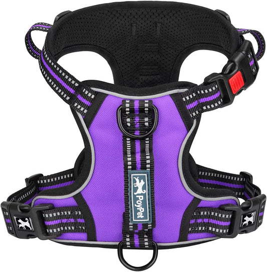 PoyPet No Pull Dog Harness, No Choke Front Clip Reflective Dog Vest with Soft Padded Vertical Handle, 3 Leash Attachments for Small Medium Large Dogs (Purple,S)