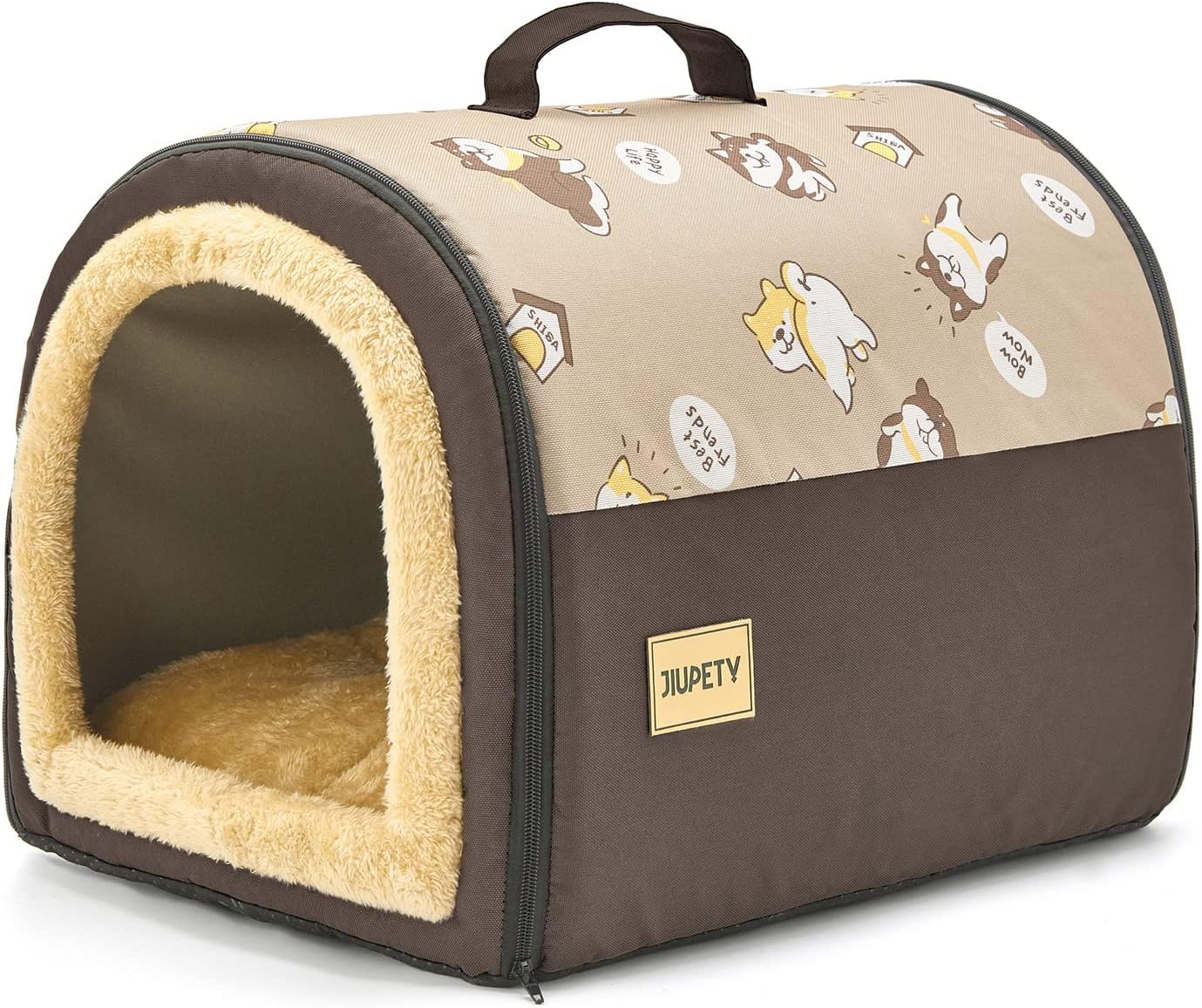 Jiupety Indoor Dog House, 2 in 1 Portable Foldable House Bed with Cover, Pet Tent & Cave Bed for Cats and Small Dogs, M(18"×14"×13"), Up to 9 Lb, Brown
