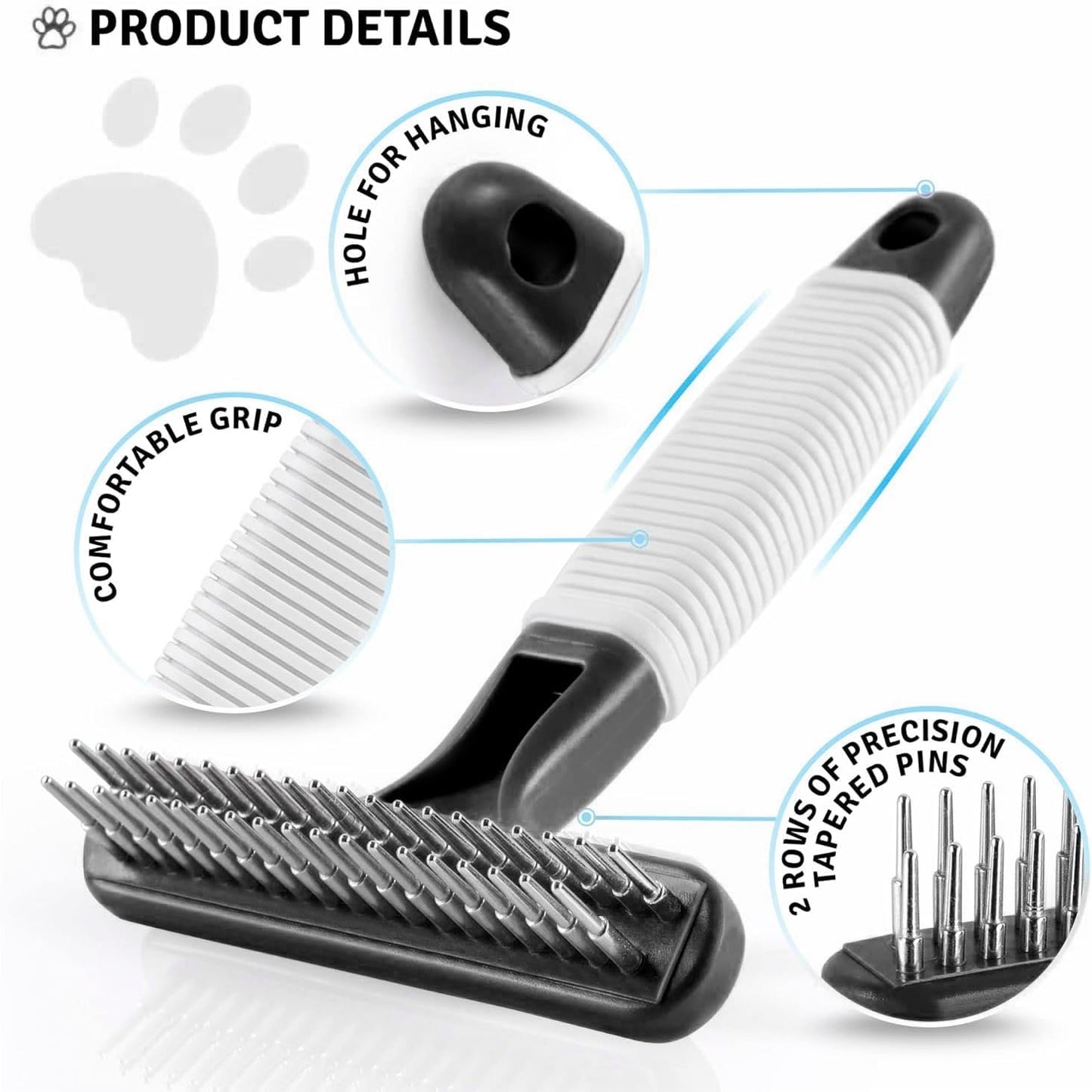 POODLIE Poodle Pet Dog Grooming Rake | Dematting Tool with Stainless Steel Shedding Comb for Pets | 2 Rows of Pins Gently Remove Loose or Tangled Hair from Undercoat (Black)