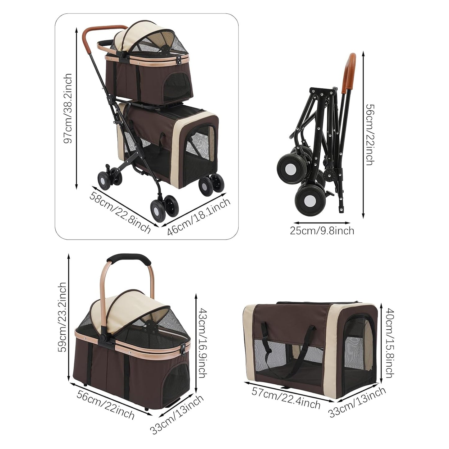 2-Layers Pet Stroller for 2 Cats/Dogs,Foldable Lightweight 77lbs Capacity Carrier, 4 Wheels, Removable Basket & Storage Pocket,for Small Pets (Coffee)