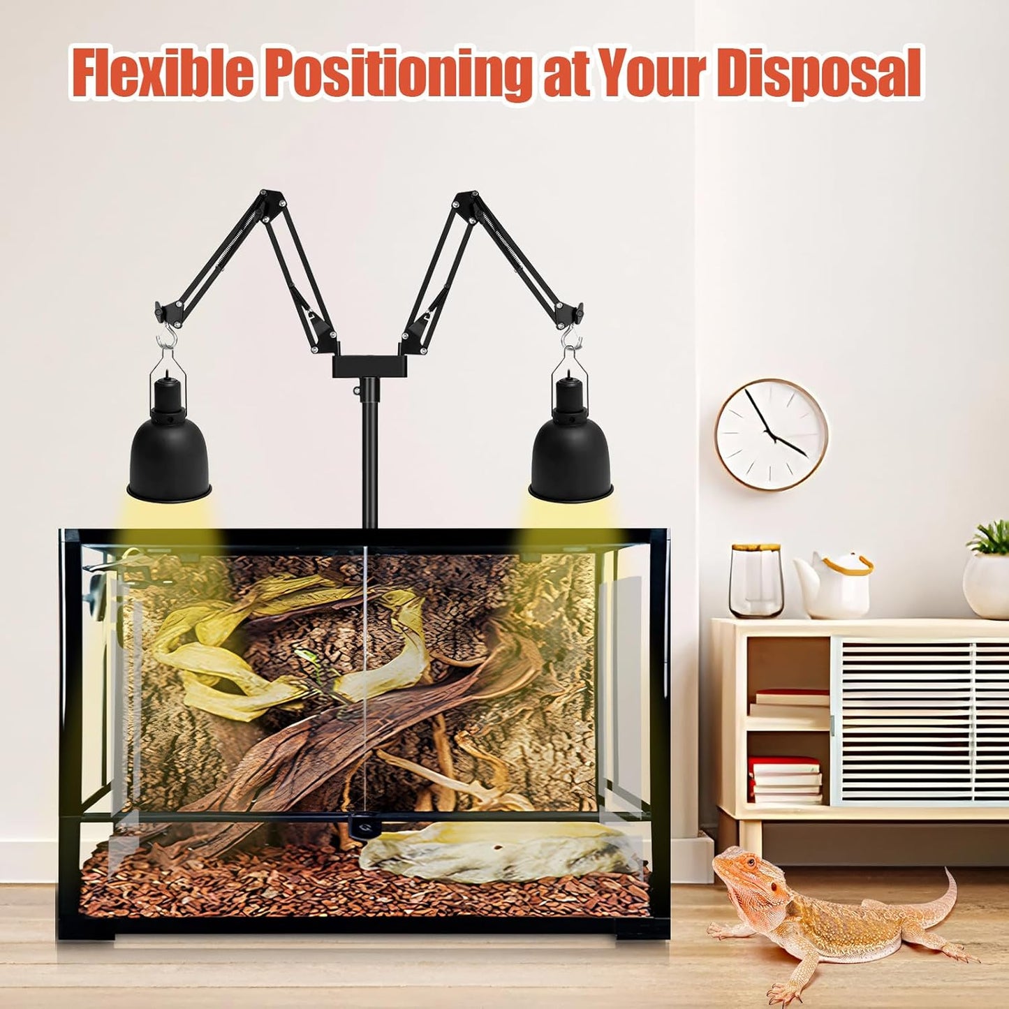 Dual Reptile Lamp Stand - Adjustable Height (15.7in to 74.3in) Metal Light Holder with 2 x 360° Adjustable Arms for Hanging Heat Lamp Fixture Dome Lampshades in Tank and Glass Terrarium