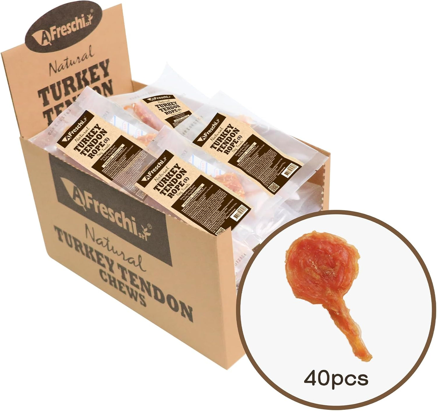 Afreschi Natural Turkey Tendon Lollipop 40 Units/Box, Dog Treat for Signature Series, All Natural Human Grade Puppy Chew, USA-Sourced Turkey Tendon, Rawhide Alternative