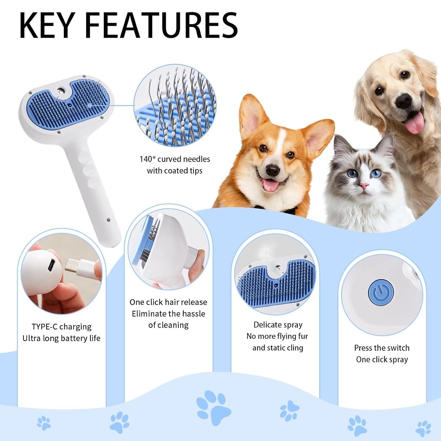 Cat Steam Brush for Shedding,3 In 1 Steam Brush for Dogs & Cats,Spray Hair Removal Comb,Includes Waterless Shampoo,Suitable for Long-haired and Short-haired Pets