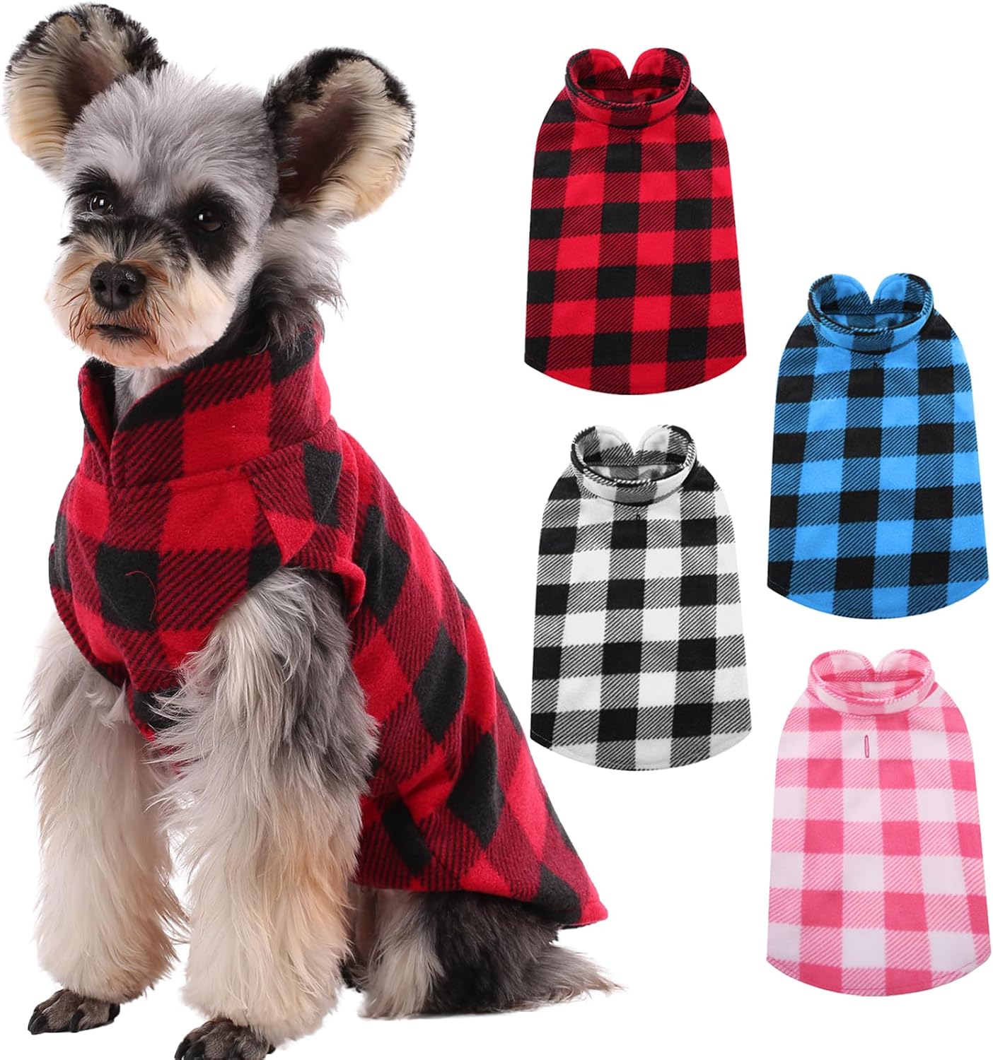 Kuoser 4 Pack Dog Fleece Vest,Warm Plaid Dog Sweater with Leash Hole,Soft Turtleneck Winter Pet Jacket Dogs Coat Pullover for Small Medium Dogs Cats,Spring Fall Cold Weather Christmas Outfit, XS
