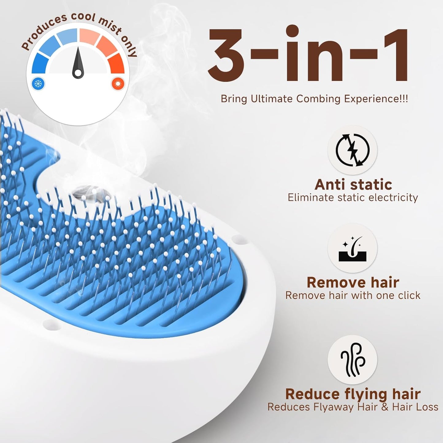 Pet Steam Brush for Dog & Cat - 3-in-1 Steam Grooming Brush for Shedding & Hair Removal - Self Cleaning Spray Comb with Mist for Long Haired Pets, Blue