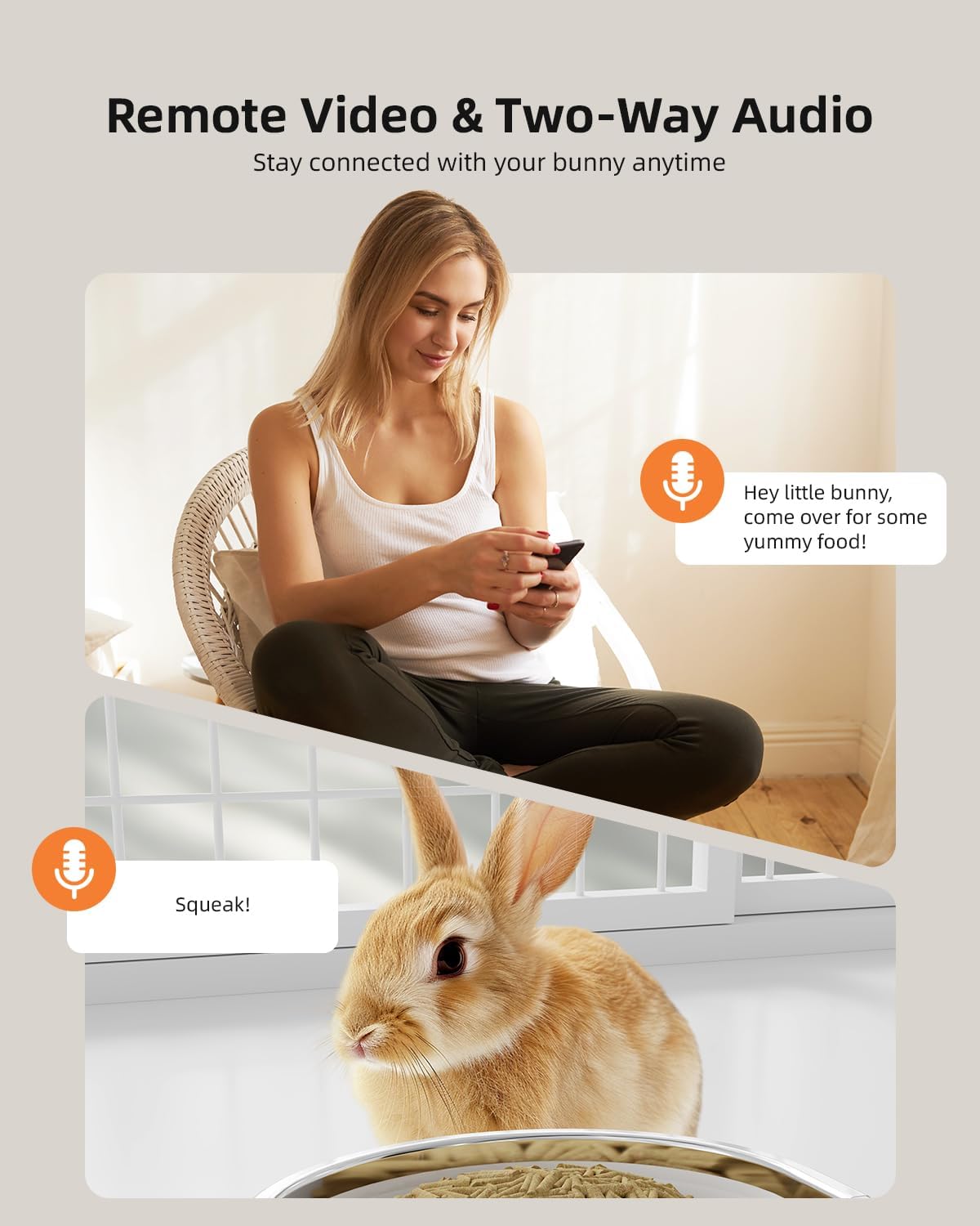 Hanging Automatic Rabbit Feeder with 1080P Camera, 62oz Storage, Multiple Pet Cage Compatibility, Customized Feeding Schedule- Perfect for Ferrets, Cats, Guinea Pigs, Chinchilla and Hedgehog