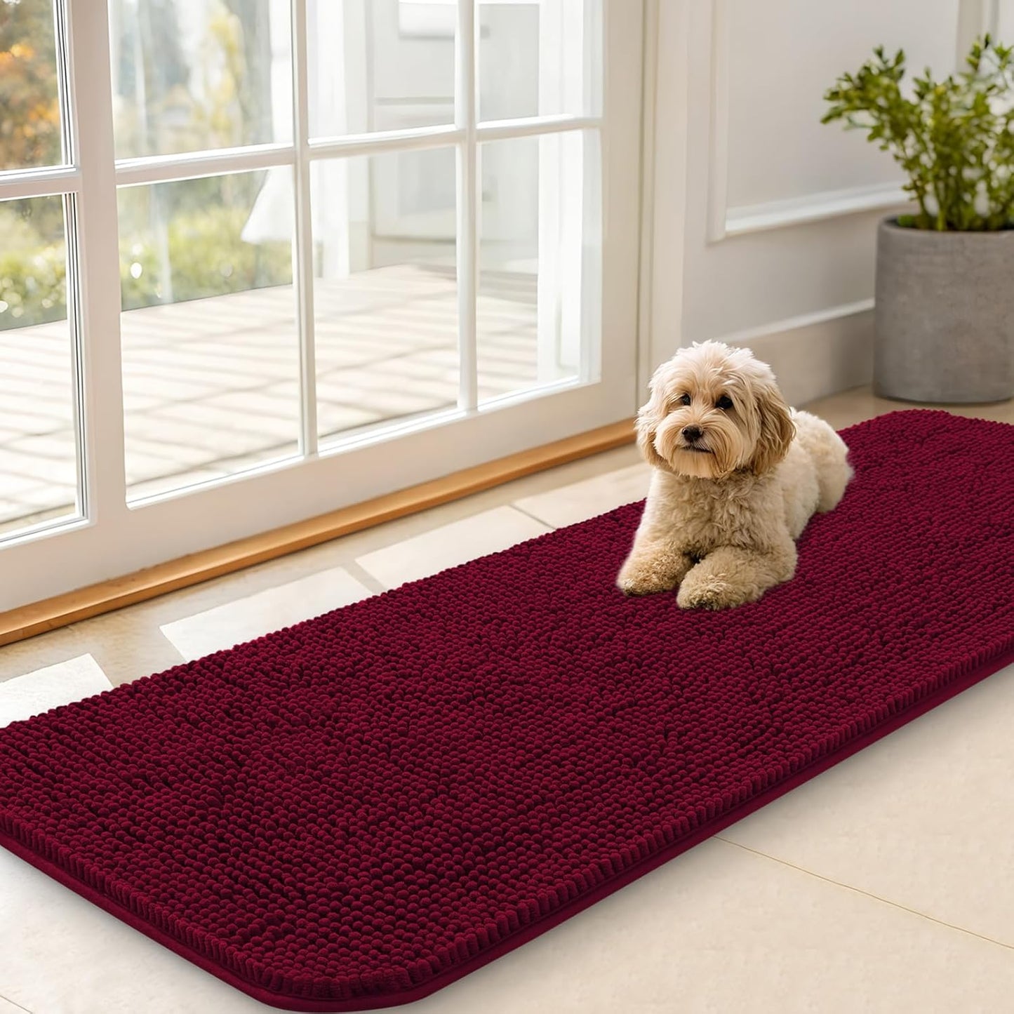 OLANLY Dog Door Mat for Muddy Paws 59x20, Absorbs Moisture and Dirt, Absorbent Non-Slip Washable Doormat, Quick Dry Chenille Mud Mat for Dogs, Entry Indoor Entryway Carpet for Inside Floor, Burgundy
