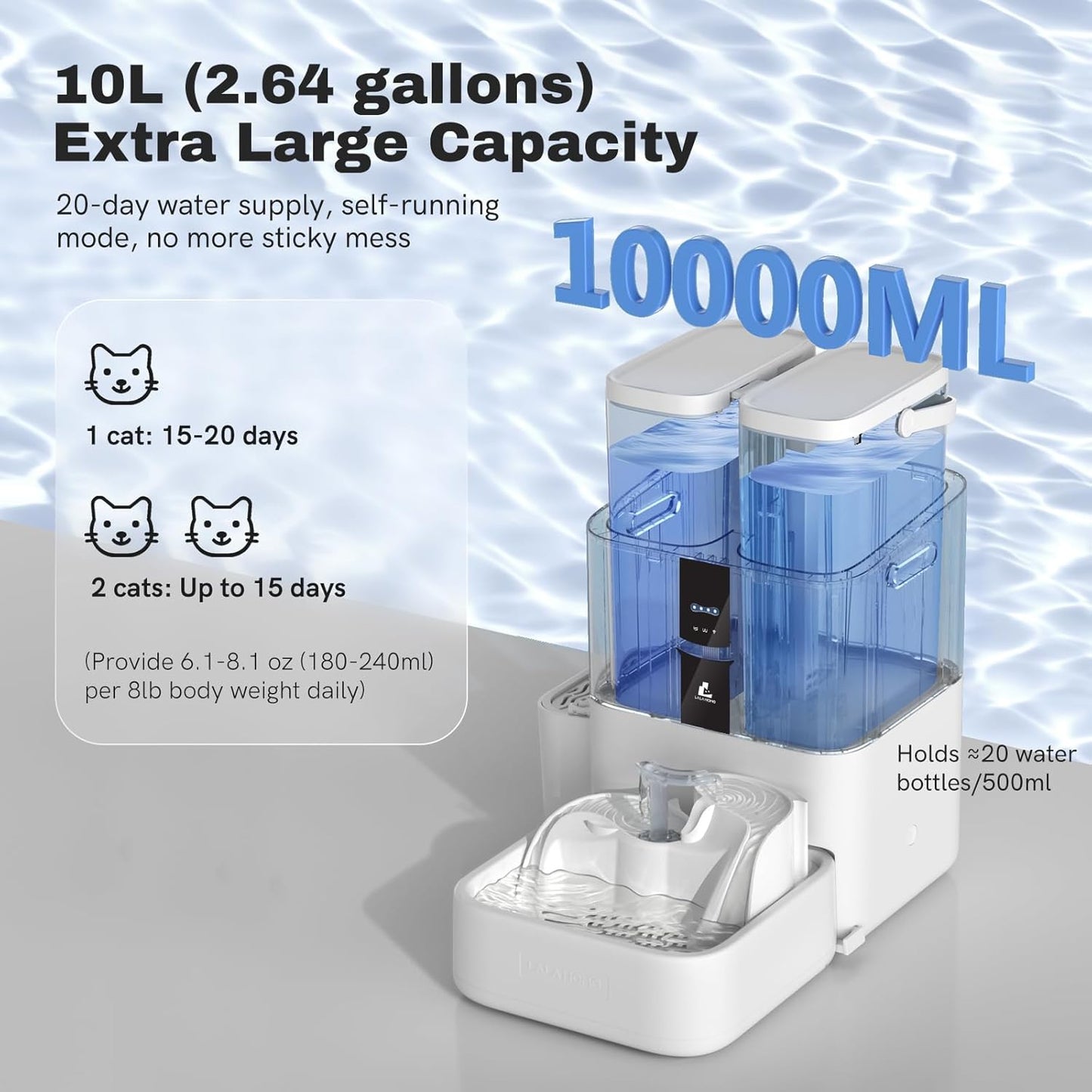 DailyFresh Cat Water Fountain 10L/338 oz Self Refilling, Pet Drinking Fountains for Dogs Indoor, Smart APP 5G WiFi Automatic Water Dispenser Oxygen-Rich, Wastewater Separation, BPA-Free