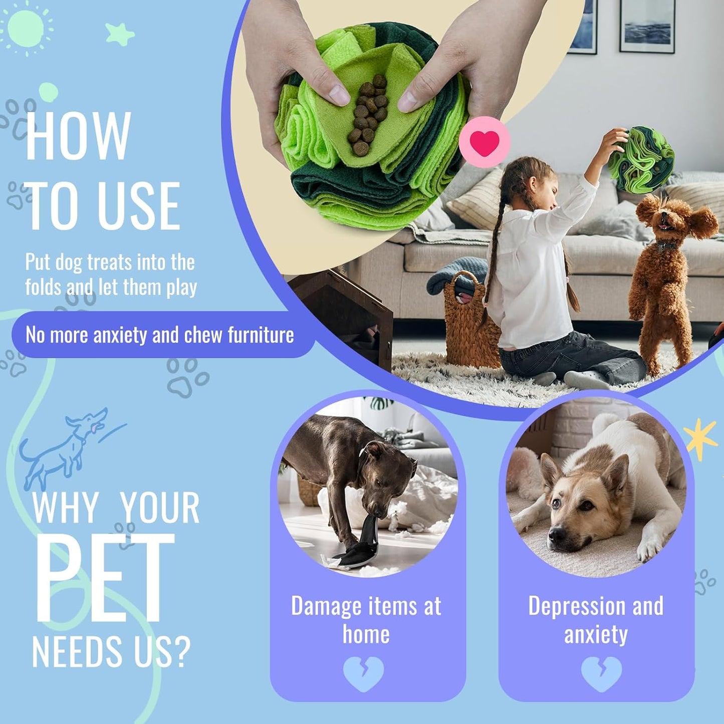 Pet Snuffle Ball, Puzzle Sniffing Interactive Dog Ball for Blind Dogs Training Stress Relief Dog Enrichment Toys Treat Machine Washable (15cm, Gradient Green)