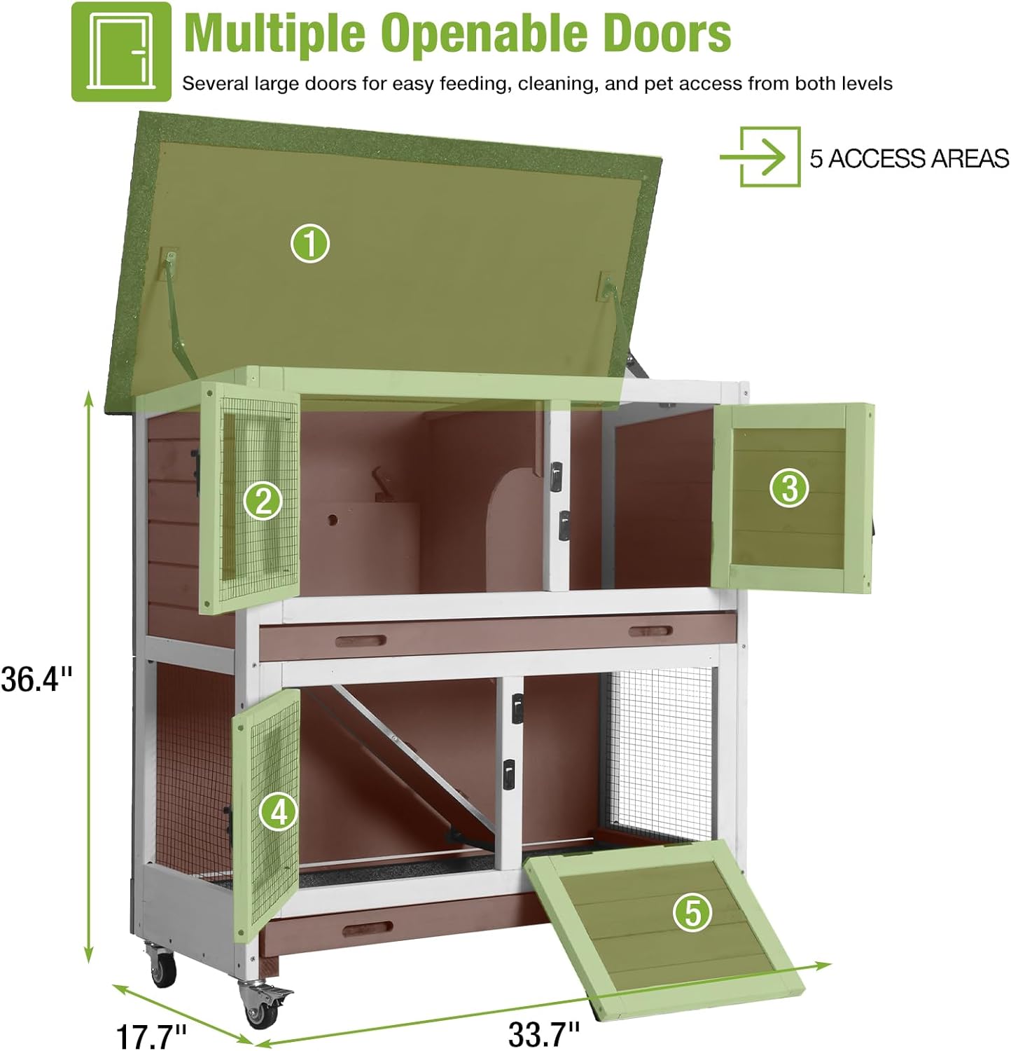GUTINNEEN Rabbit Hutch Indoor Mobile Outdoor Bunny Cage with Openable Middle Door, Two Story Guinea Pig Cage with Wheels, 36" L x 17.7" W x 36.4" H