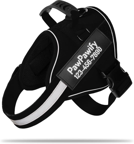 PawPawify Custom No Pull Dog Harness with Name and Phone Number, Heavy Duty Personalized Pet Vest to Prevent Tugging, Pulling, or Choking, Training and Walking (New Black, XS (5-9LBS))