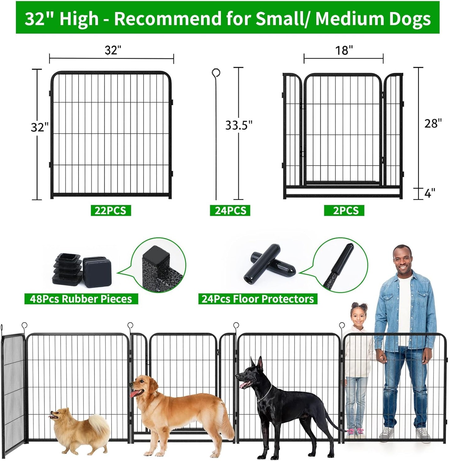 Dog Playpen Outdoor Extra Wide 24 Panels Heavy Duty Dog Fence 32" Height Anti-Rust with Doors Portable for RV Camping Yard, Total 63FT, 316 Sq.ft, Snowy Black