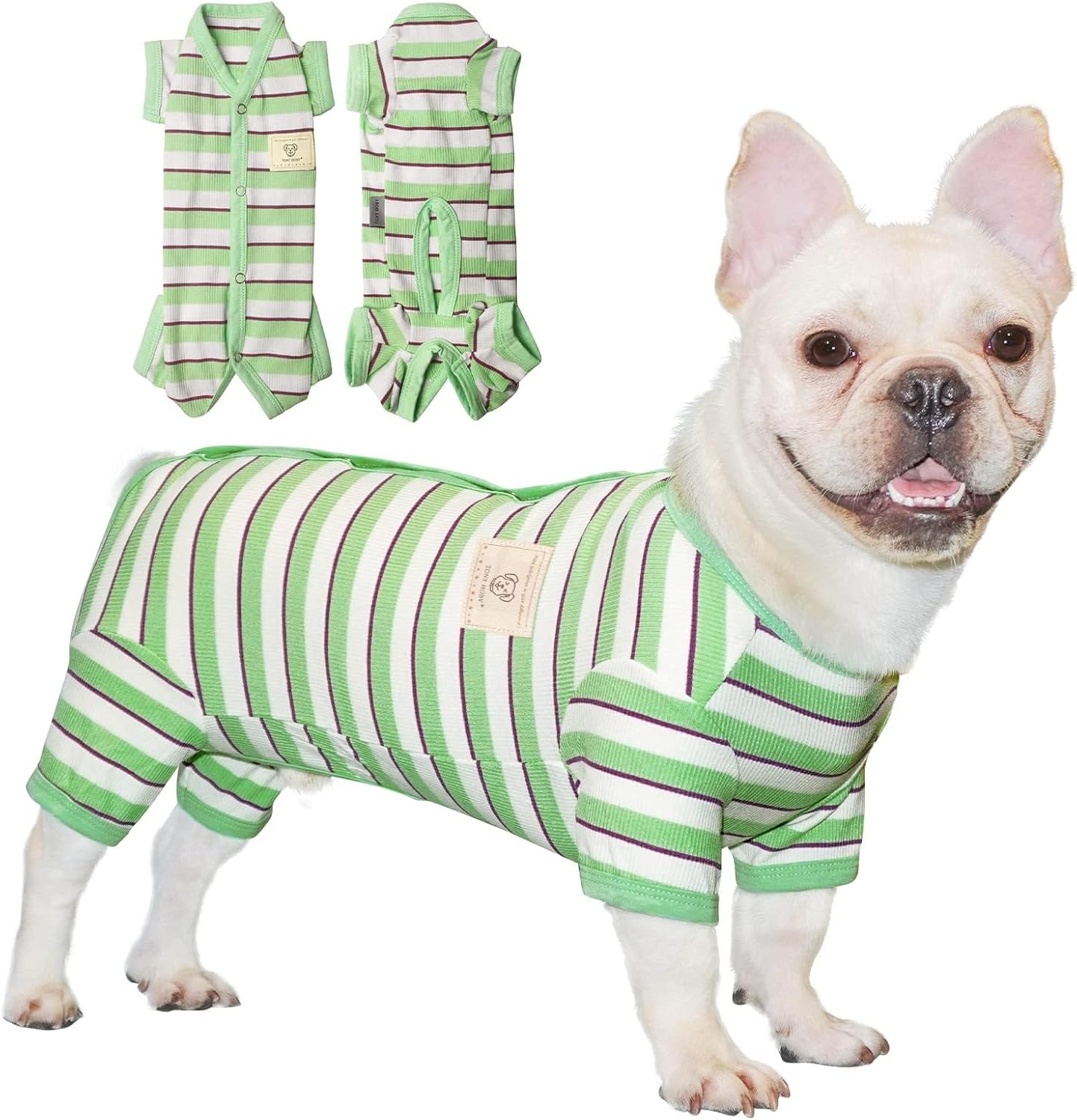 TONY HOBY Dog Pajamas, Male Dog Jumpsuit with Green Stripe, Dogs Clothes for Small Medium Size Dogs (Green&White, Boy, M)
