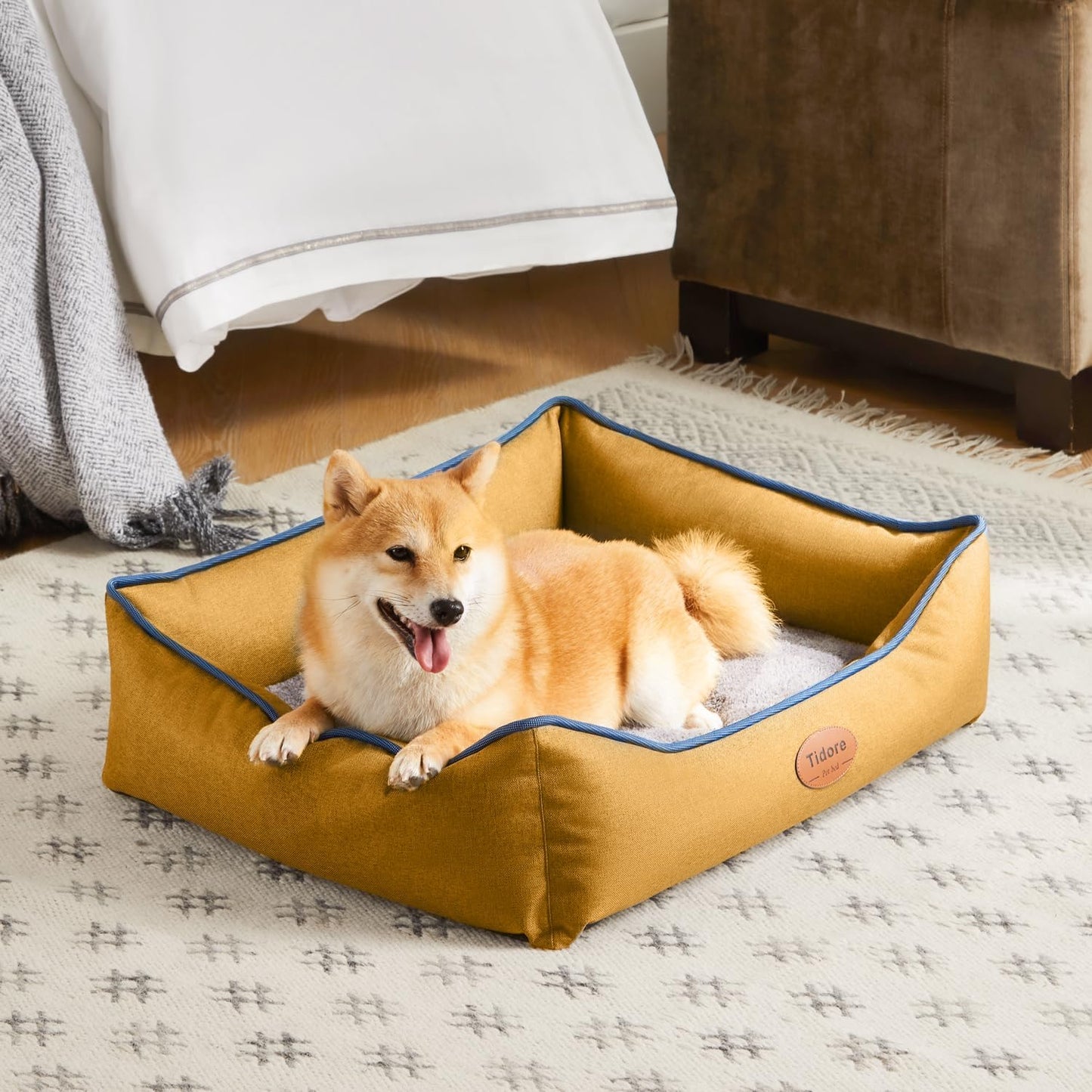 Orthopedic Dog Beds for Medium Dogs, Durable Egg Crate Foam Sofa Dog Bed wit Washable Removable Cover,Waterproof Lining,Pet Bed for Large Dogs (Mustard Yellow, 26.4" L x 21.7" W x 6.2" Th)