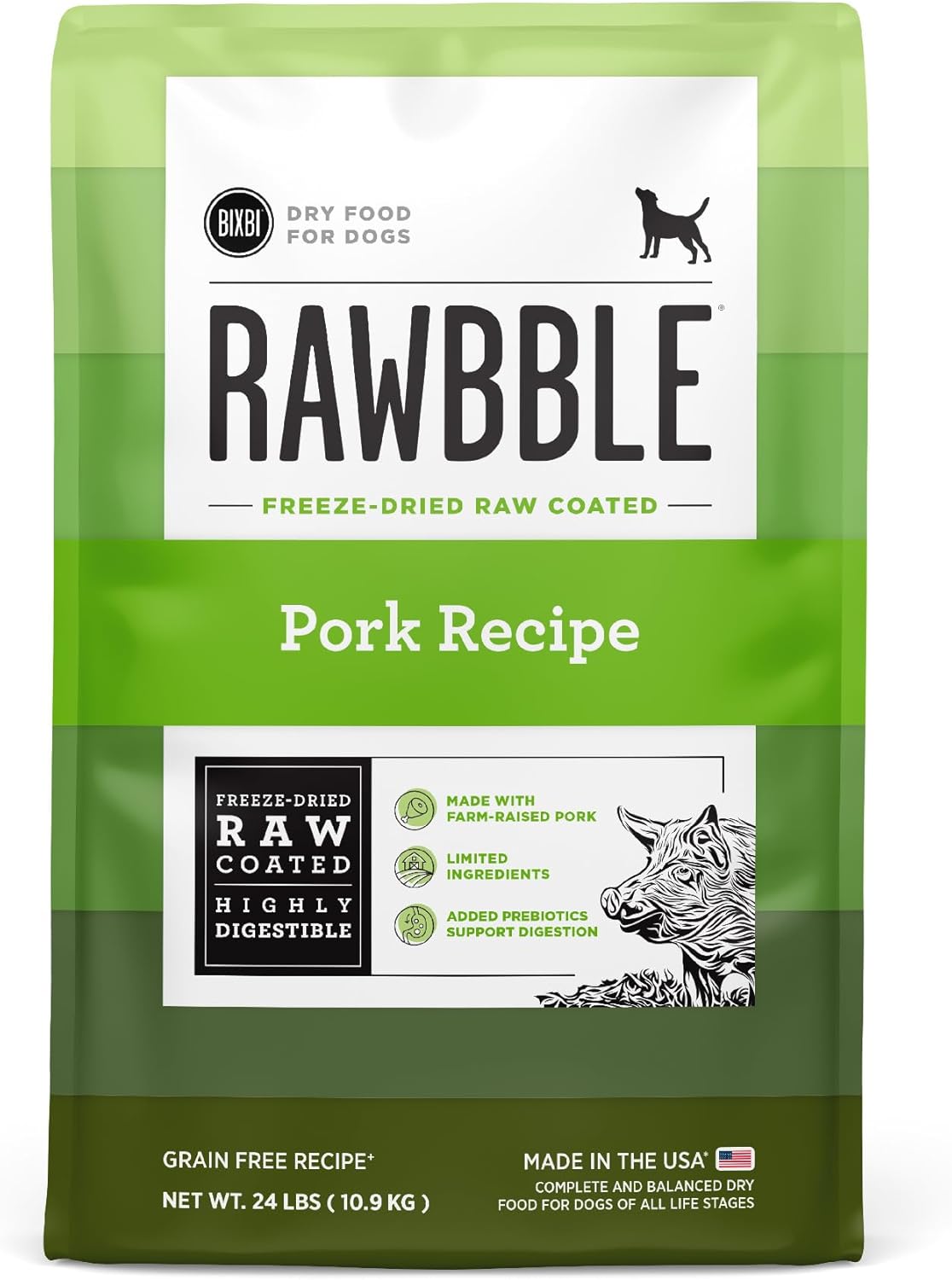 BIXBI Rawbble Dry Dog Food, Pork, 24 lbs - USA Made with Fresh Meat - No Meat Meal & No Corn, Soy or Wheat - Freeze Dried Raw Coated Dog Food - Minimally Processed for Superior Digestibility