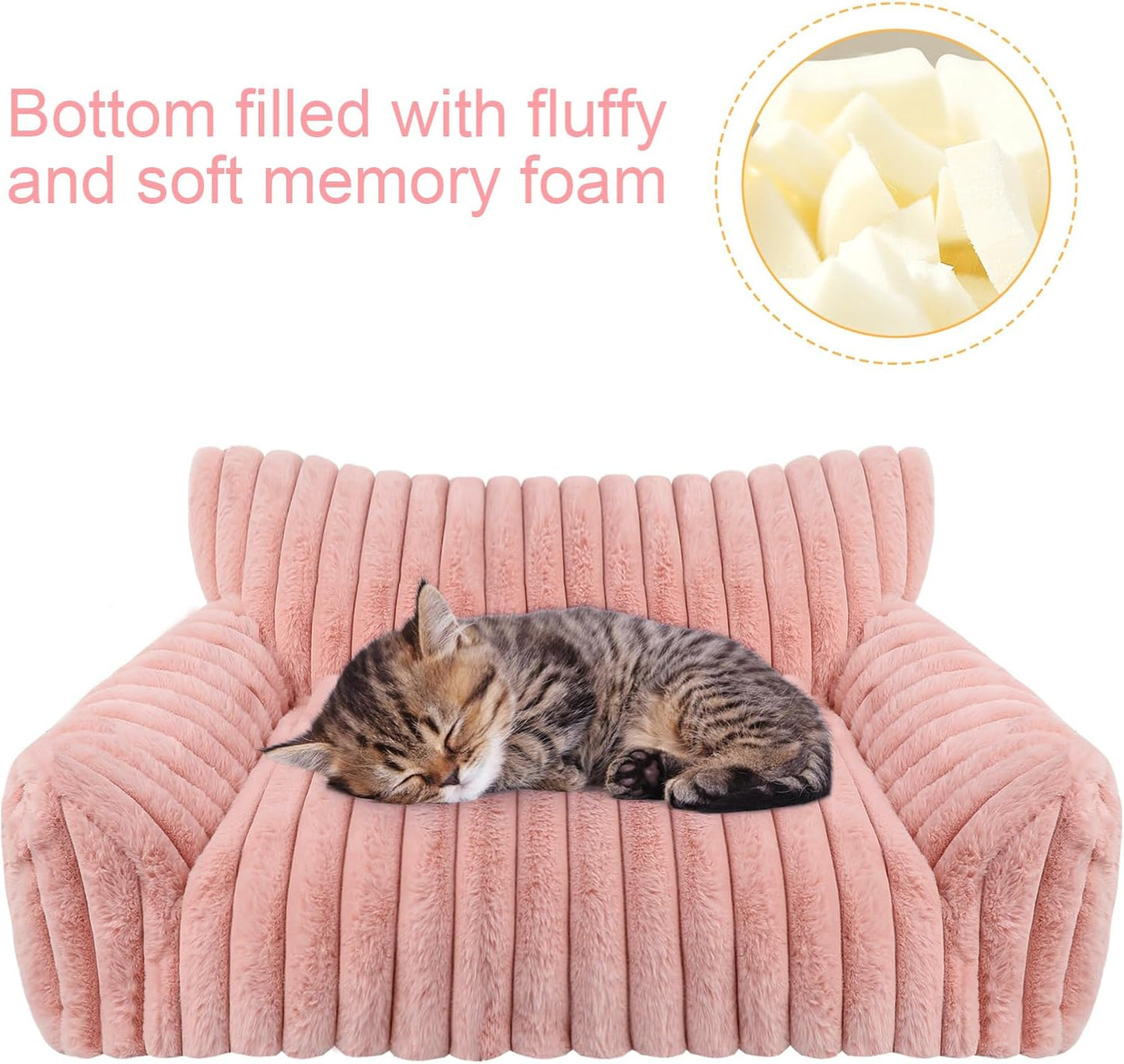 Cute Cat Couch Bed for Indoor Cats, Fluffy Pet Cat Sofa with Premium Soft Corduroy Fleece, Cute Small Dog Beds for Small Dogs, Fuzzy Puppy Chair with Removable Washable Cover (30x20x10,Pink)