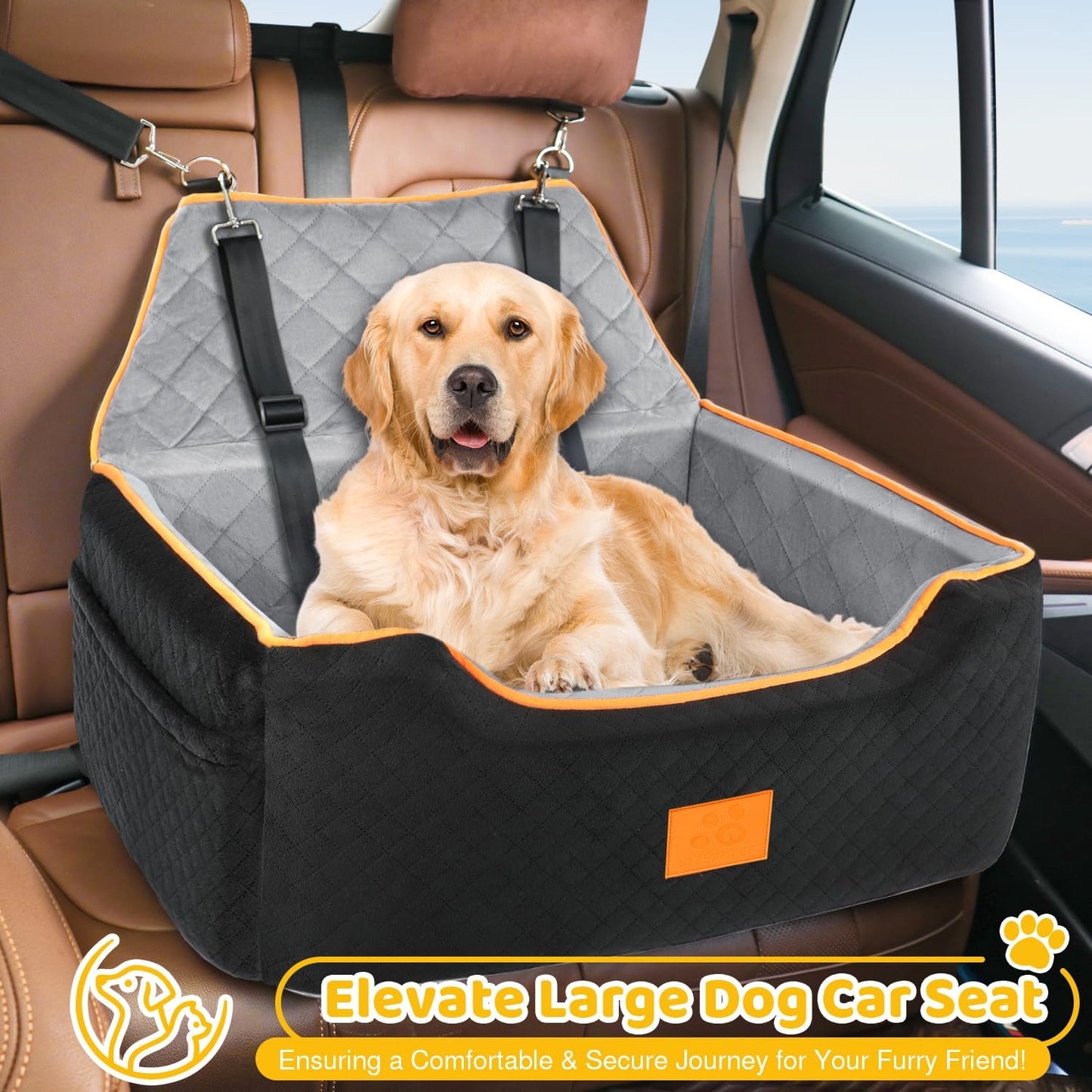Dog Car Seat for Large/Medium Dog, Booster Seat for Dogs Under 55Lbs or 2 Small, Detachable and Washable Travel Pet Seat with Thick Cushion and Storage Pockets (Black/Gray)