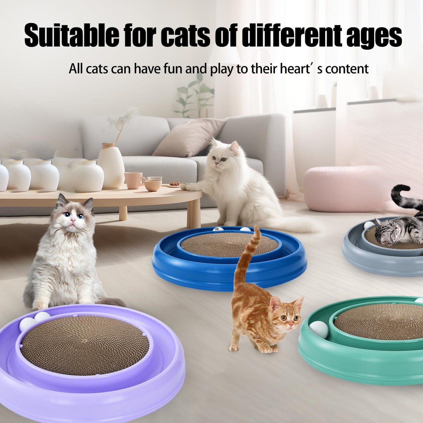 Interactive Cat Scratcher with Two Rotating Balls,Durable Scratch Pad for Indoor Play,Cardboard Cat Scratcher Pad with Cat Toy Ball Track and Catnip,2-in-1 Cat Toy (Purple)