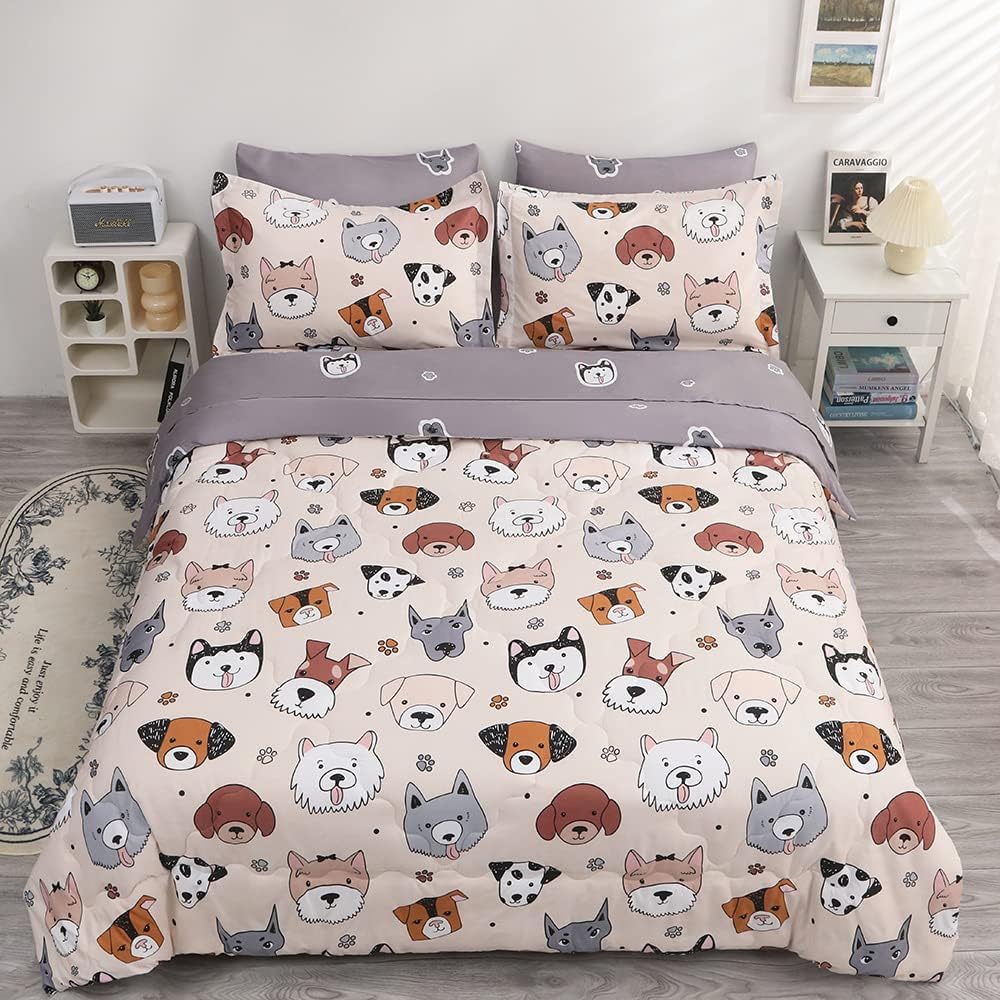 Kids Comforter Set 7 Piece Bedding Cute Dog Cartoon Animal Bed Microfiber Comforter Queen Size All Season (1 Comforter, 1 Flat Sheet, 1 Fitted Sheet, 4 Pillowcase)